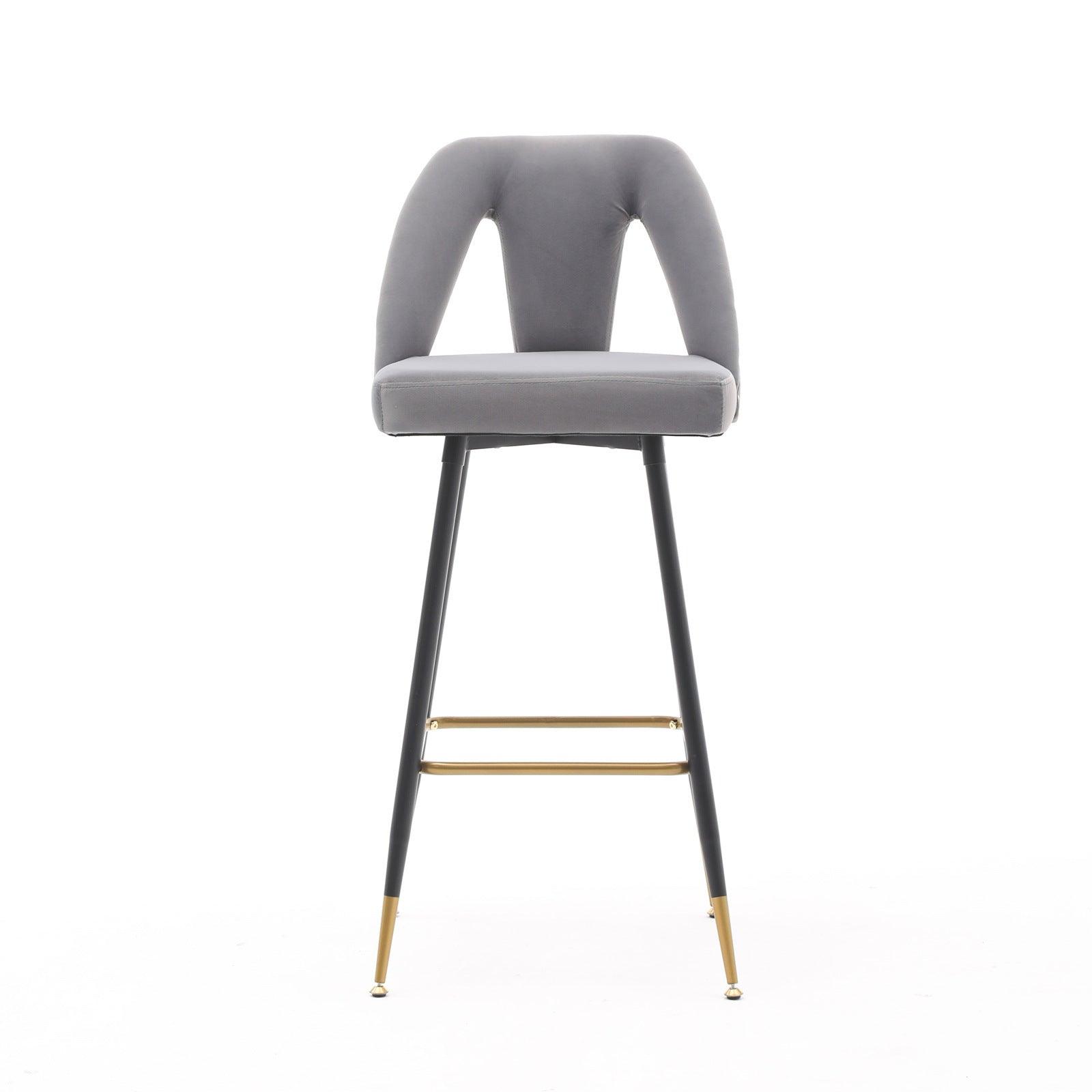 🆓🚛 Modern | Contemporary Velvet Upholstered Connor 28" Bar Stool With Nailheads & Gold Tipped Black Metal Legs, Set Of 2, Gray