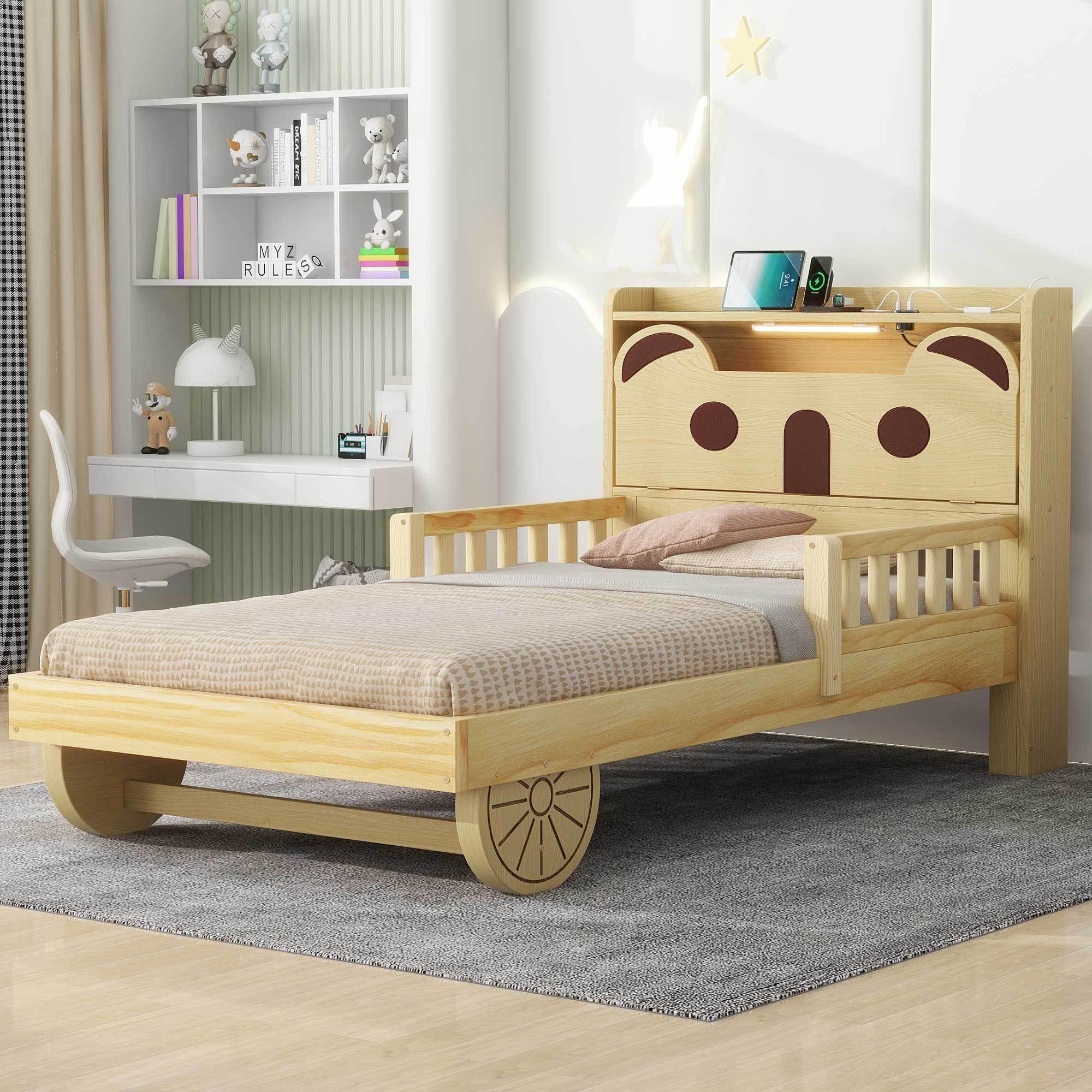 🆓🚛 Twin Size Car Bed With Bear-Shaped Headboard, Usb & Led, Natural