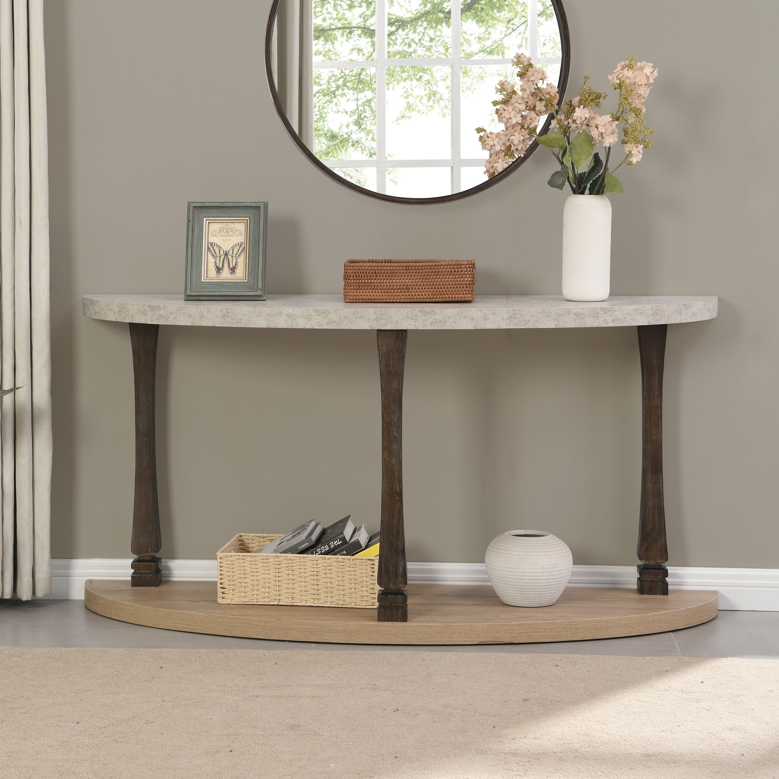 🆓🚛 60" Long Semi Circle Demilune Sofa Table for Small Hallway Entryway Space, Wooden Half Moon Sturdy Console Tables, Gray&Natural Colour