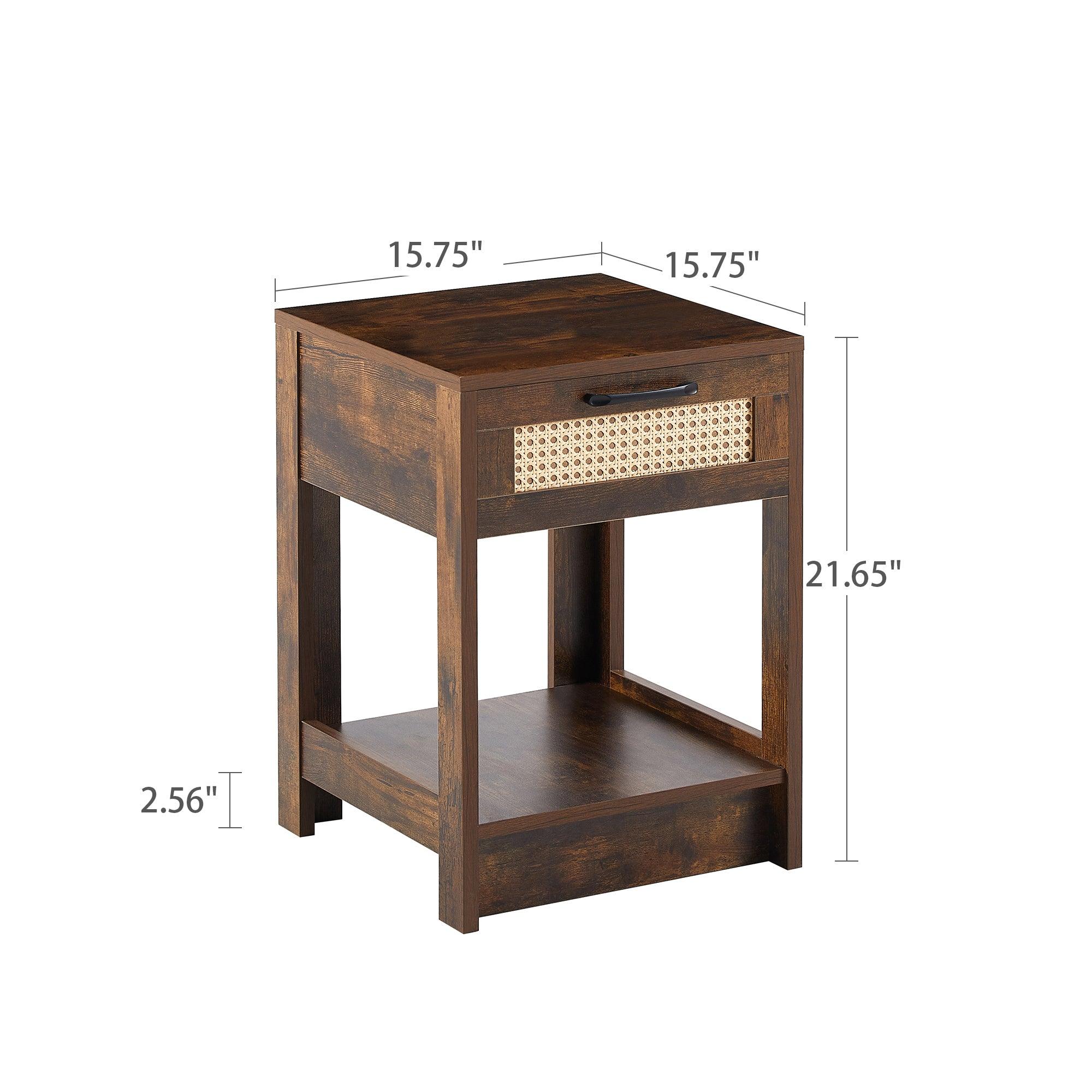 15.75" Rattan End table with  drawer, Modern nightstand, side table for living room, bedroom, Rustic Brown