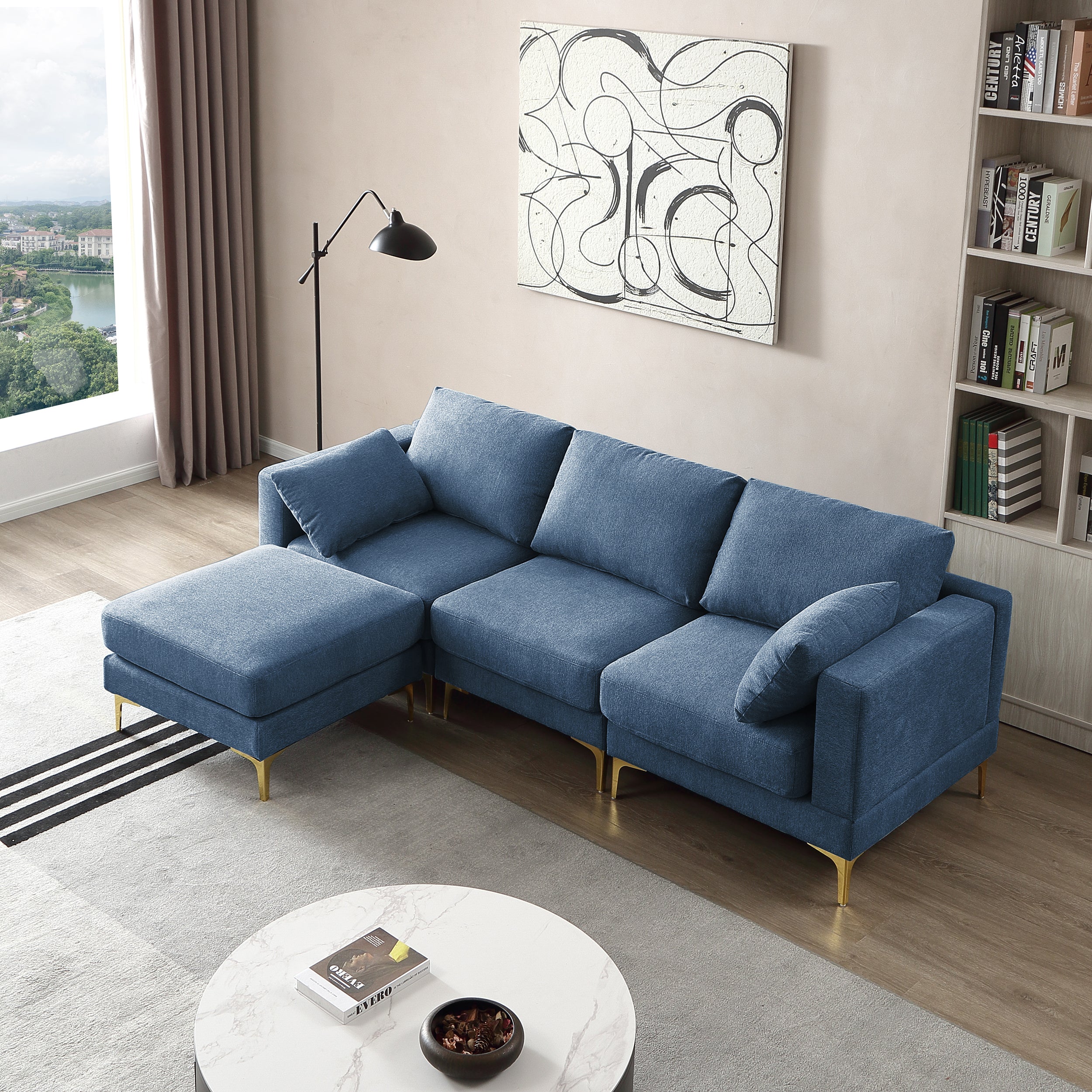 🆓🚛 92" 3 Seater Sofa With Ottoman, Blue