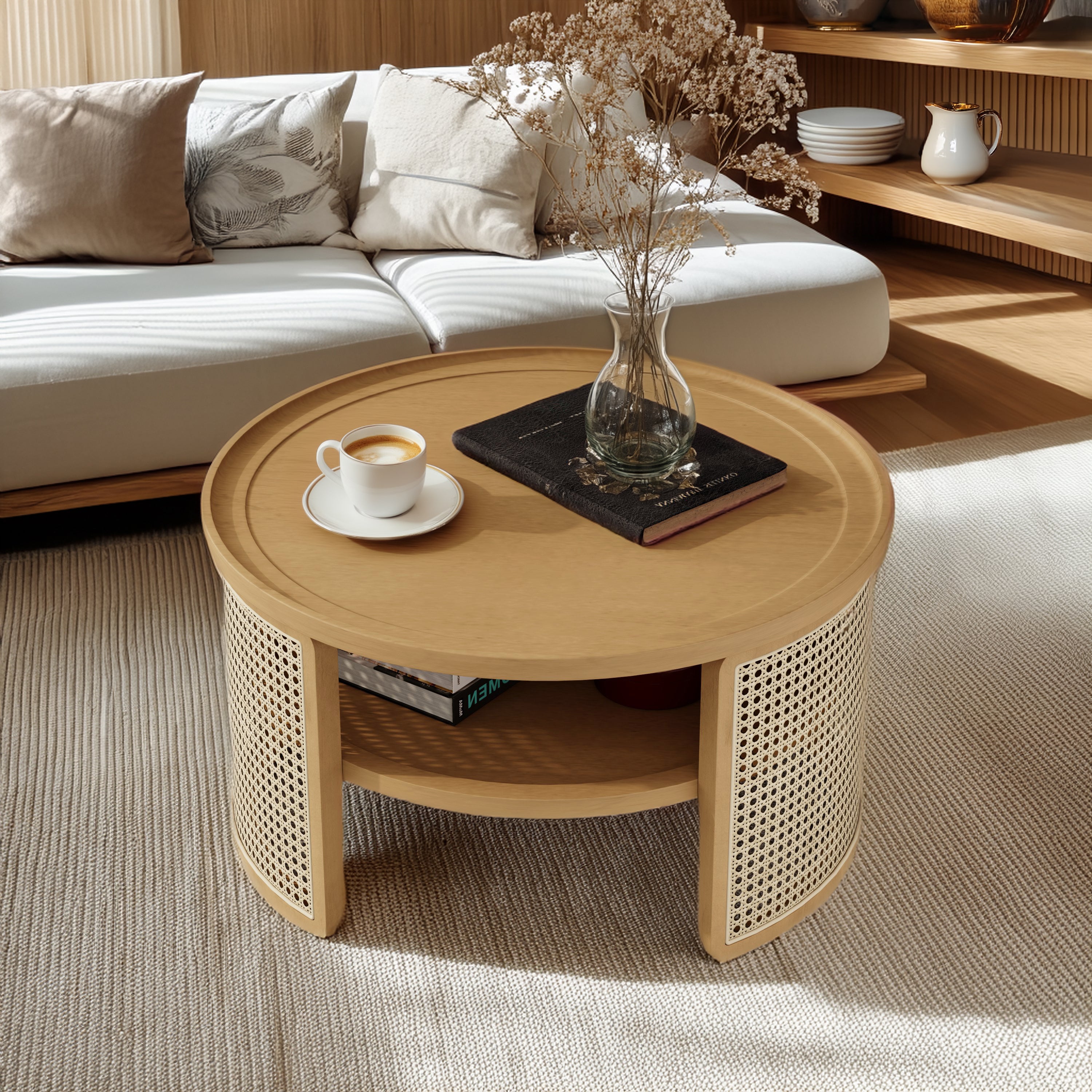 2-Tiered Round Natural Wood Coffee Table With Storage Rattan Base In 31.3''