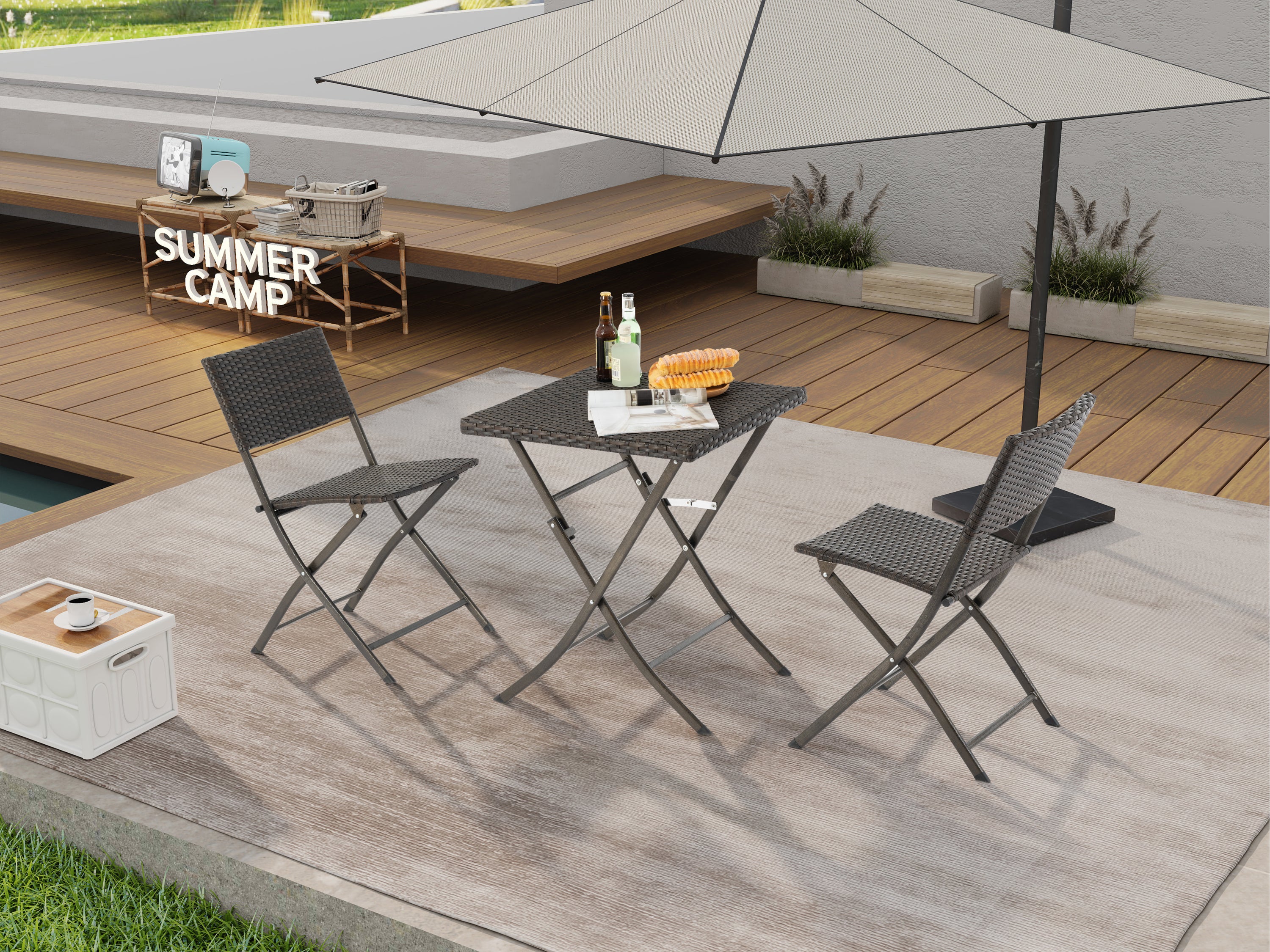 Rattan Patio Bistro Set, 3 Piece Foldable Outdoor Patio Furniture Sets, With Folding Table and Two Chairs, for Garden, Backyard, Pool, Lawn, Porch, Balcony, All Weather Rattan Style