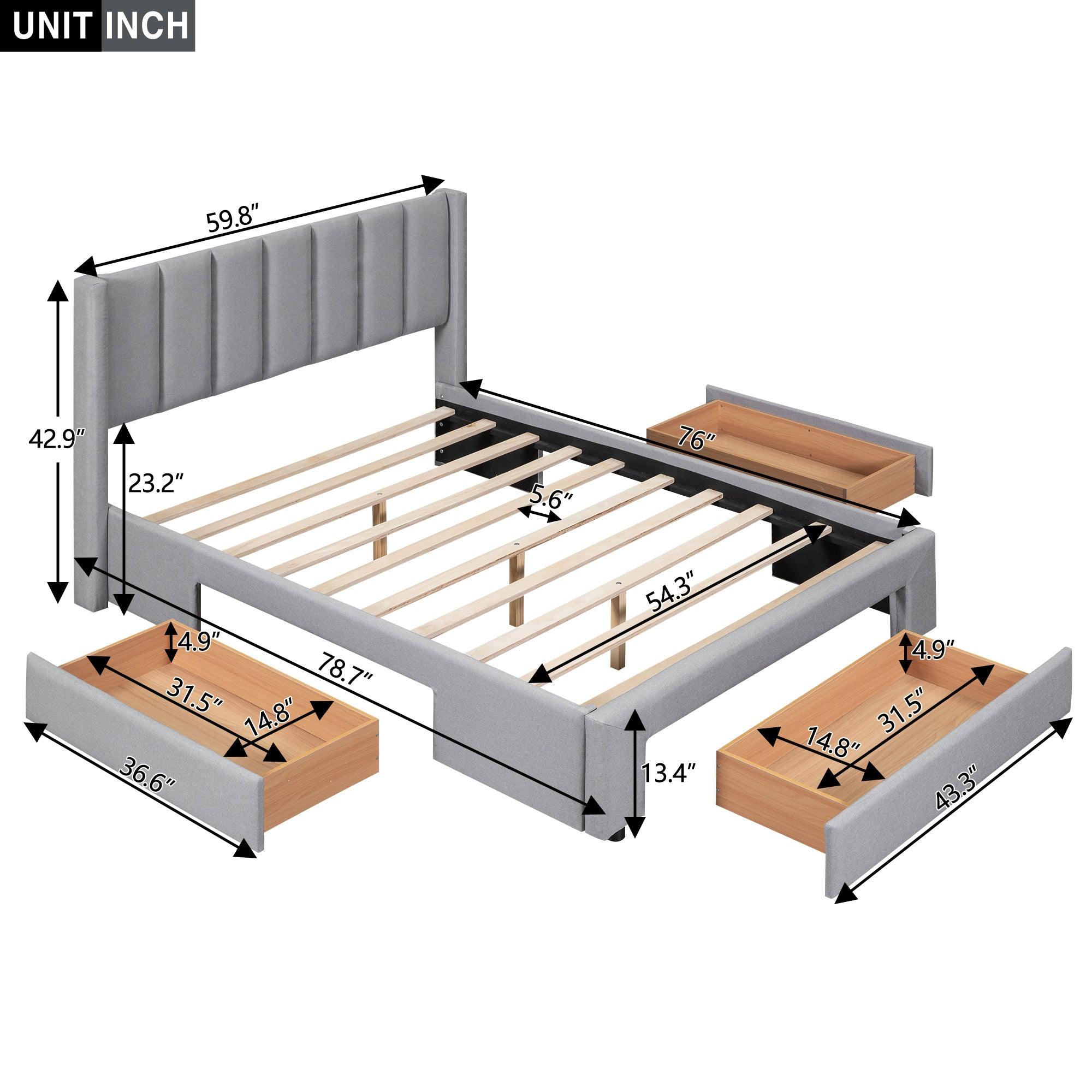 Full Size Upholstered Platform Bed with One Large Drawer in the Footboard and Drawer on Each Side, Gray