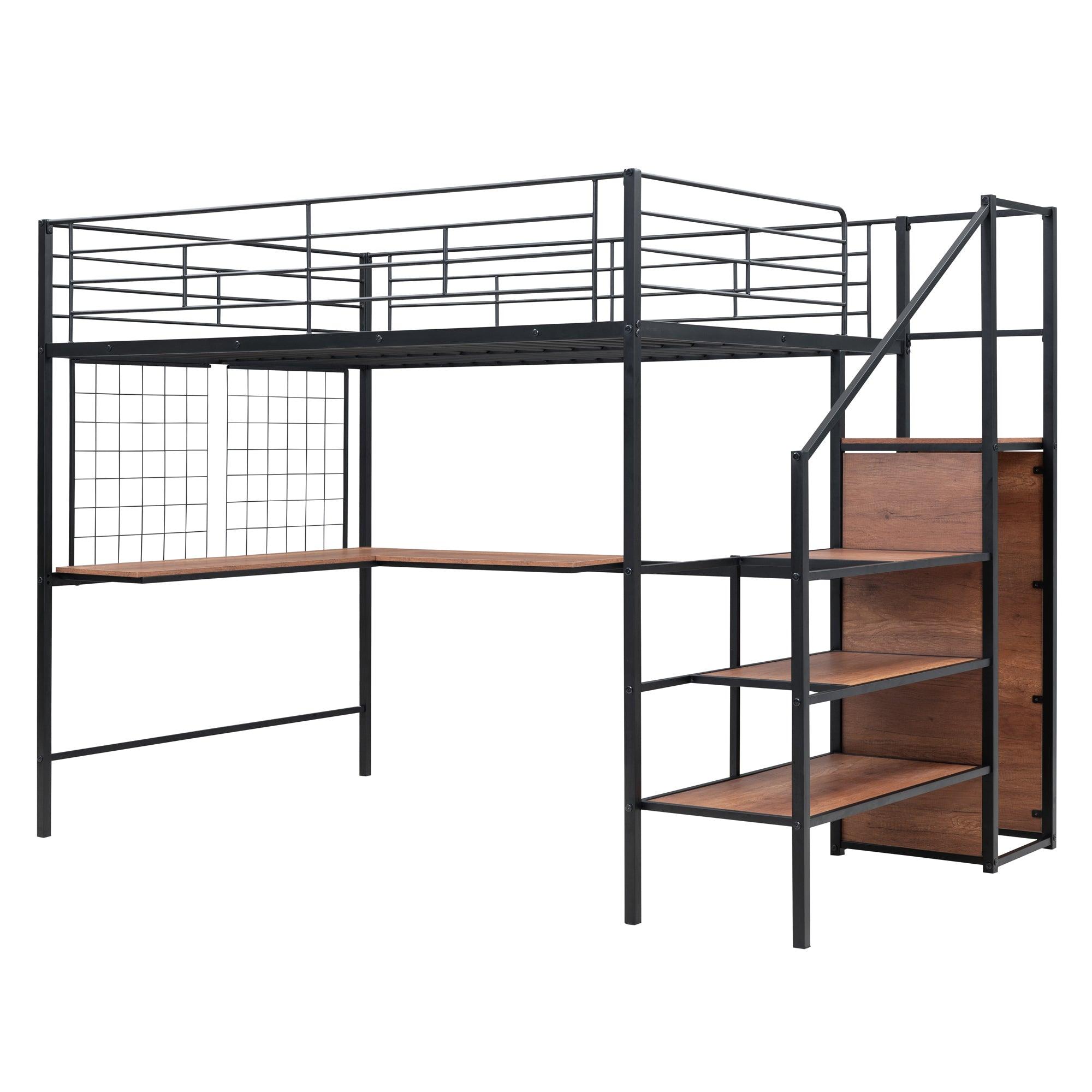 Full Size Metal Loft Bed with Desk and Metal Grid, Stylish Metal Frame Bed with Lateral Storage Ladder and Wardrobe, Black