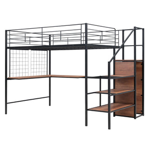 Full Size Metal Loft Bed with Desk and Metal Grid, Stylish Metal Frame Bed with Lateral Storage Ladder and Wardrobe, Black