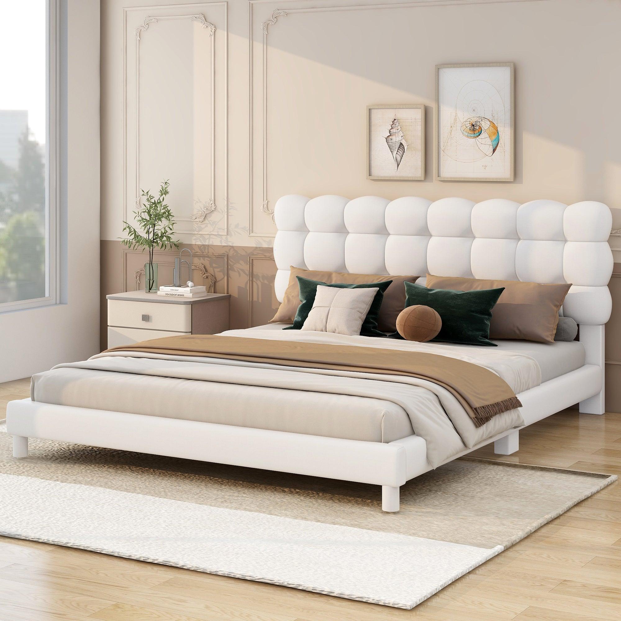 🆓🚛 Full Size Upholstered Platform Bed With Soft Headboard, White