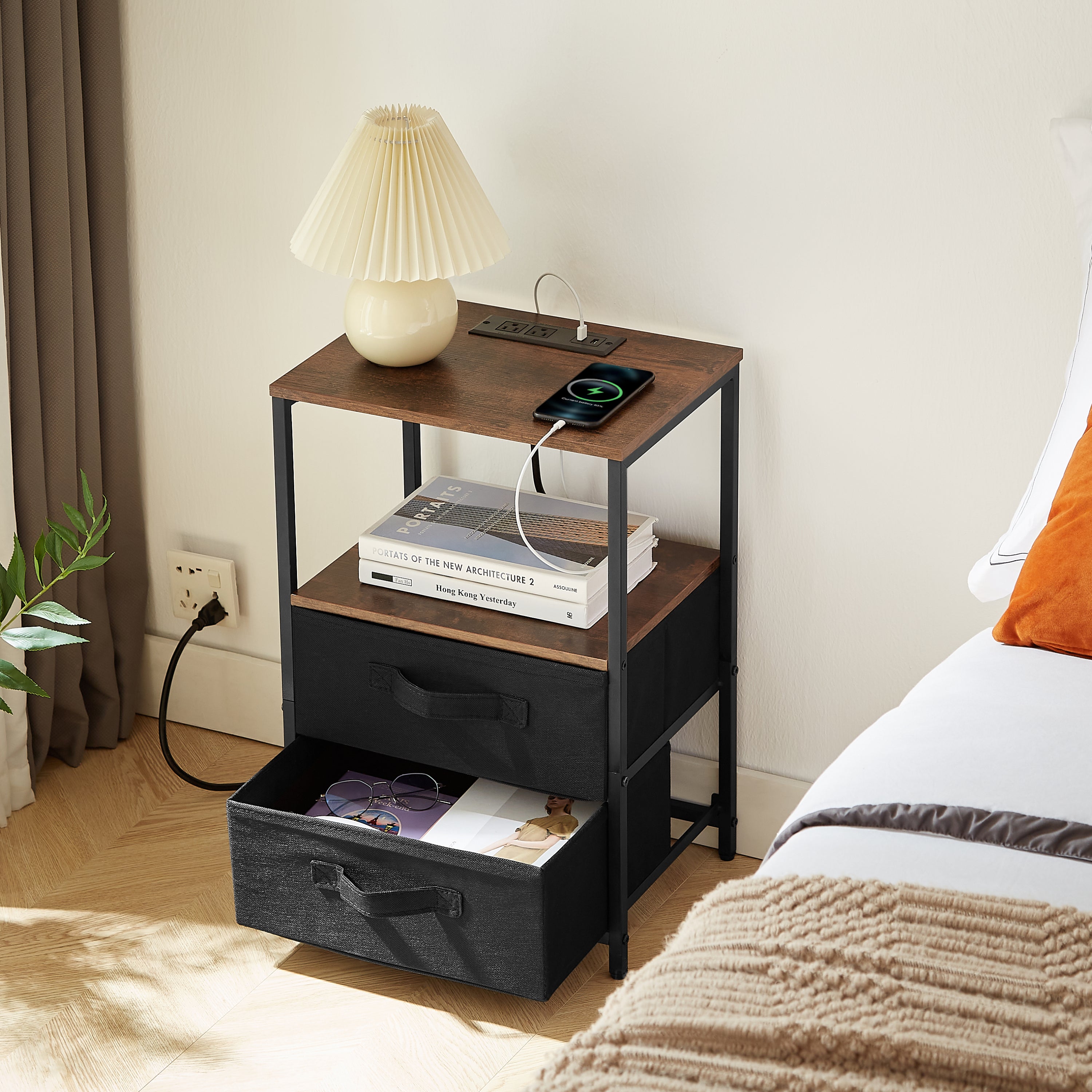 End Table With Charging Station, Nightstand With Usb Port, Outlet and Fabric Bag, 2 Drawers & Open Storage Shelf Side Table, Sofa Cabinet for Living Room, Bedroom, Office