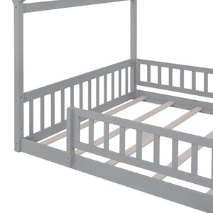 Full Size Wood Bed House Bed Frame with Fence, for Kids, Teens, Girls, Boys, Gray