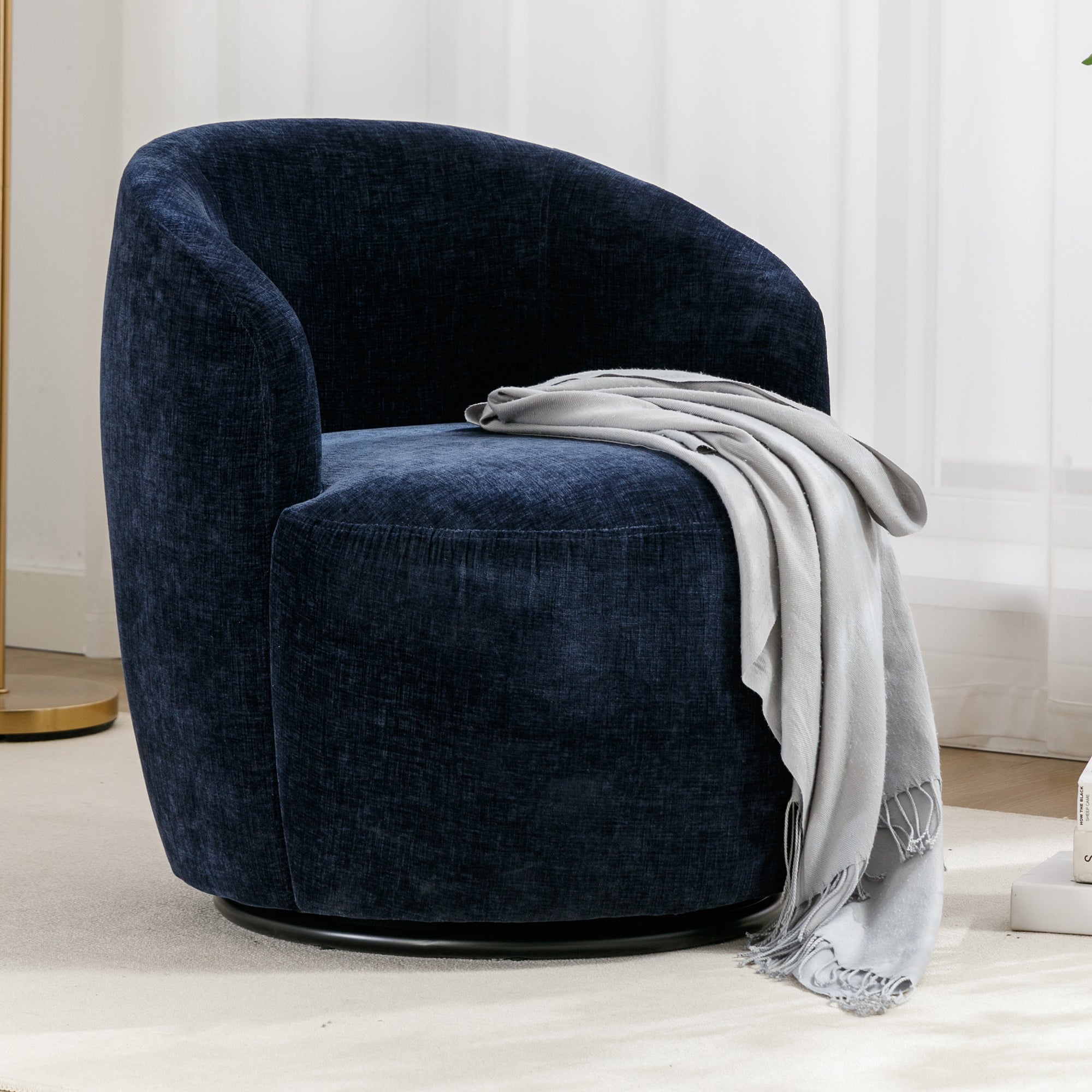 🆓🚛 Chenille Fabric Swivel Accent Armchair Barrel Chair With Black Powder Coating Metal Ring, Blue