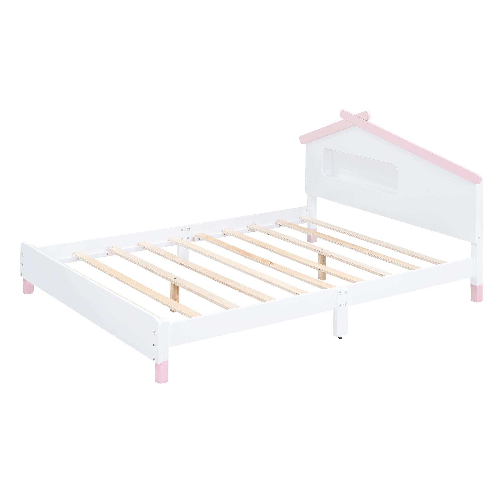 Full Size Wood Platform Bed with House-shaped Headboard and Motion Activated Night Lights (White+Pink)