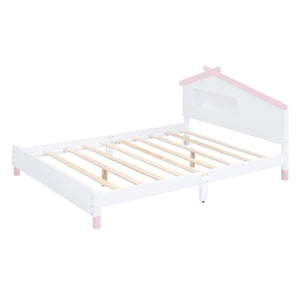 Full Size Wood Platform Bed with House-shaped Headboard and Motion Activated Night Lights (White+Pink)