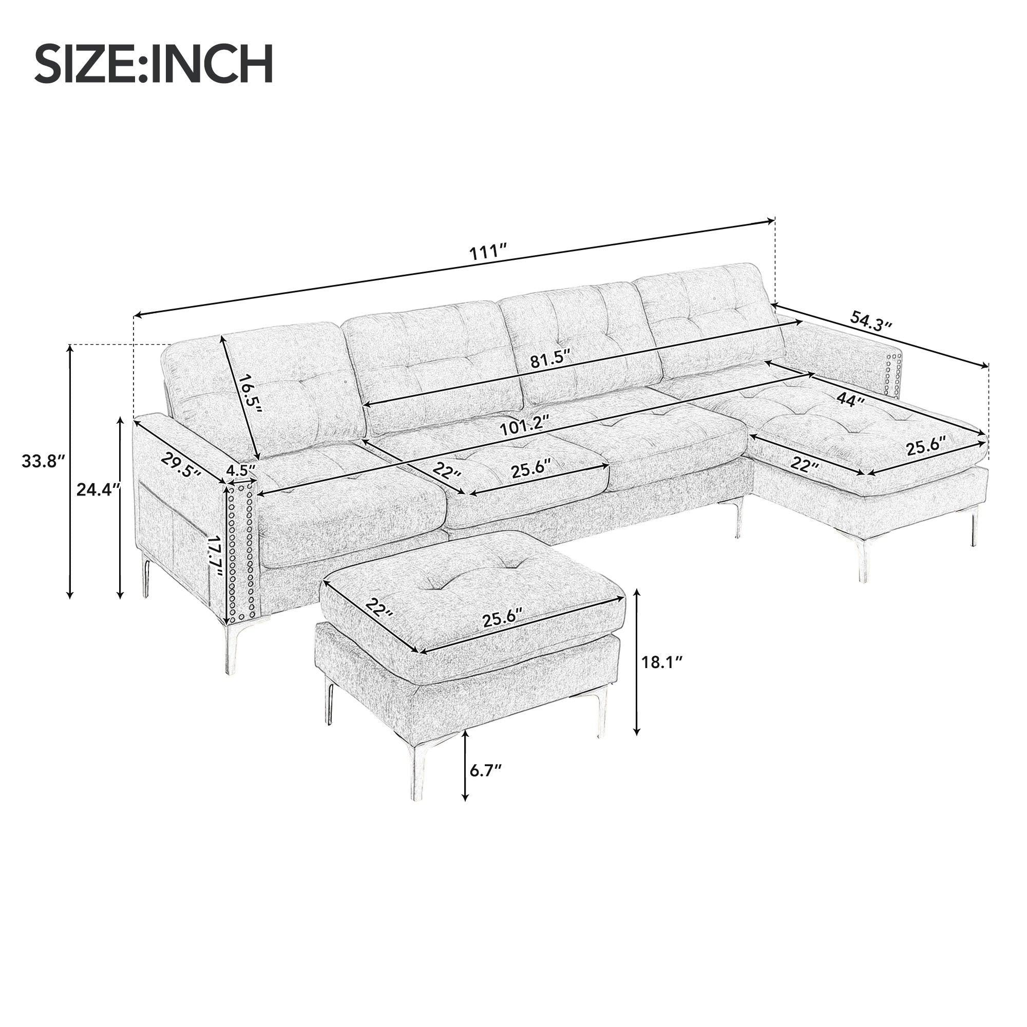 🆓🚛 110" L-Shape Convertible Sectional Sofa Couch With Movable Ottoman for Living Room, Apartment, Office, Light Gray