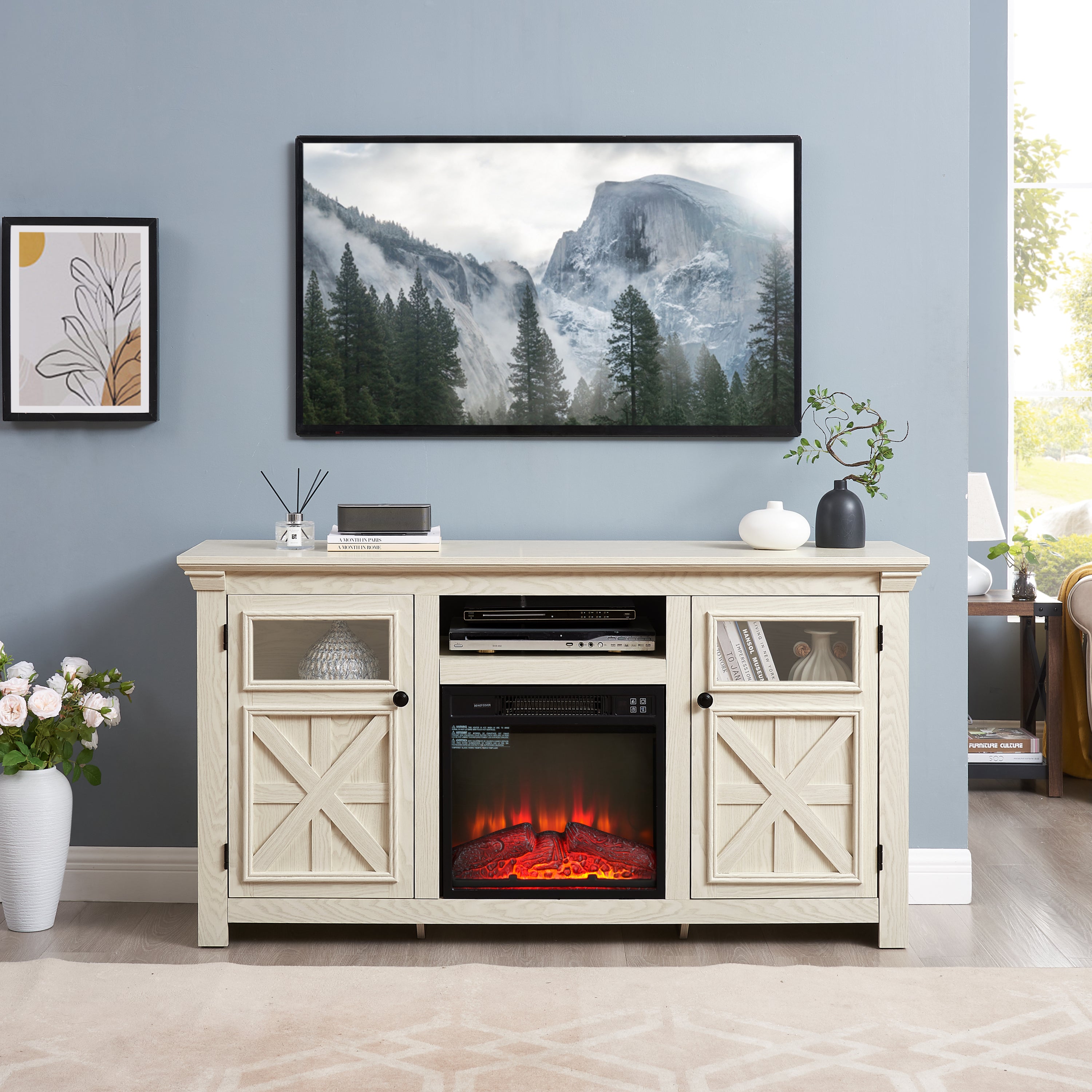 2 Doors Cabinet Farmhouse Cabinet, Farmhouse TV Stand Barn Design, Modern Farmhouse TV Media Stand, Large Barn Inspired Home Entertainment Console With 18" Fireplace Insert, White, 60.23"W*15.35"D*31.7H