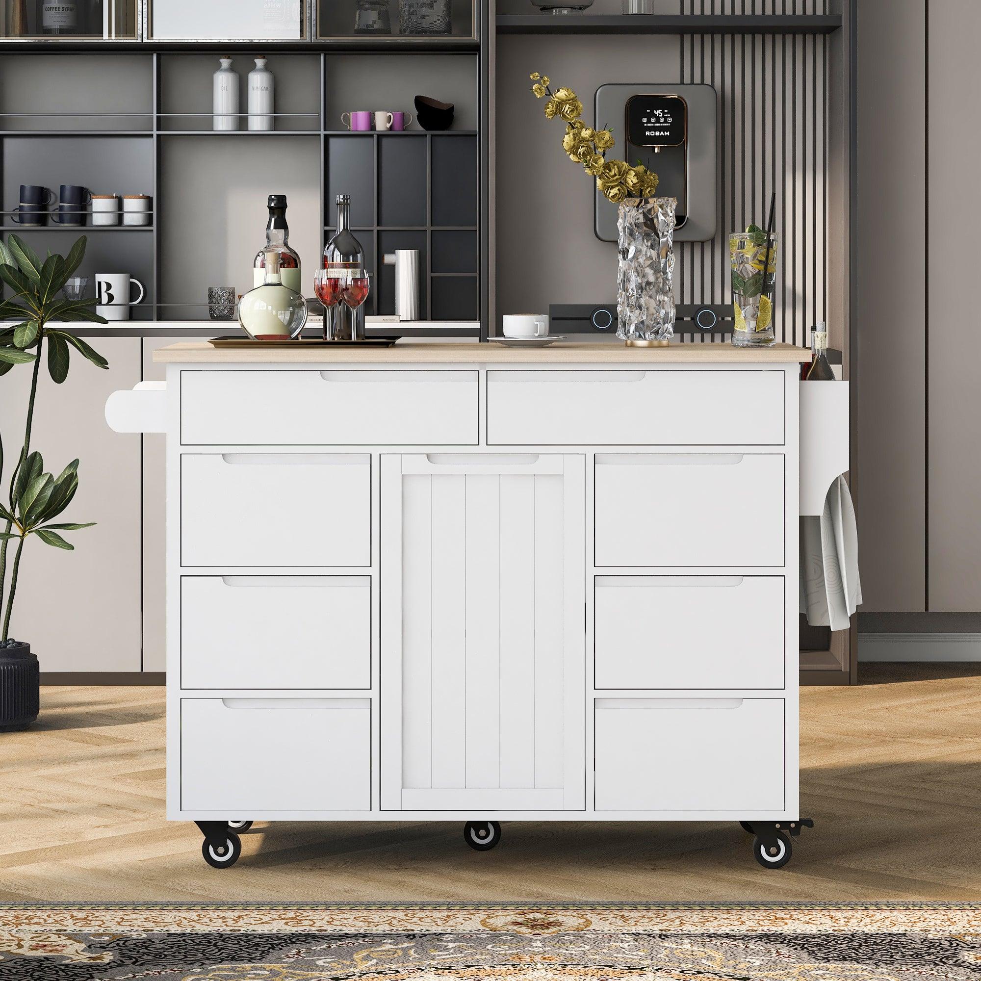 🆓🚛 Kitchen Island With Rubber Wood Countertop, 8 Handle-Free Drawers, Including a Flatware Organizer & 5 Wheels, White