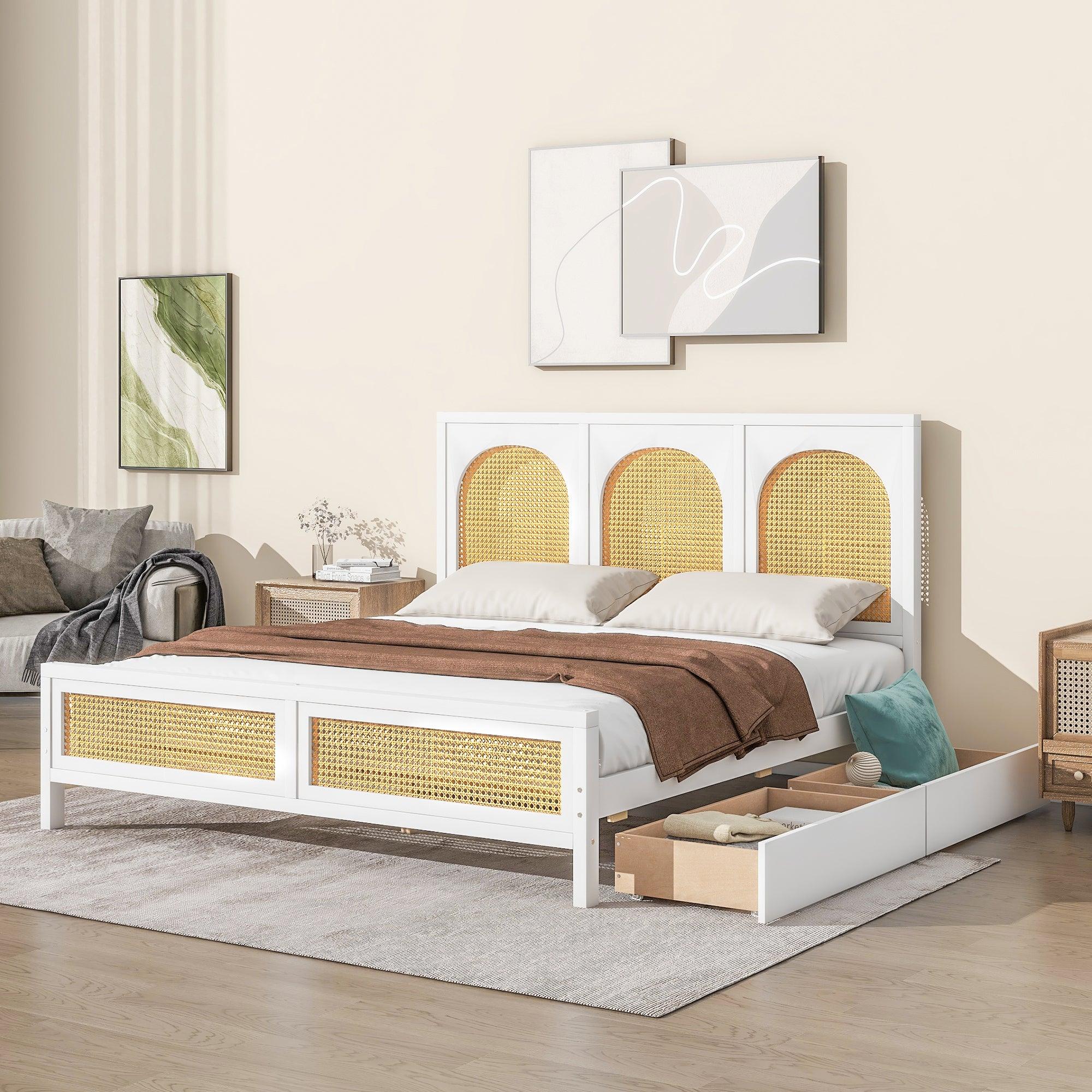 🆓🚛 Queen Size Wood Storage Platform Bed with 2 Drawers, Rattan Headboard and Footboard, White