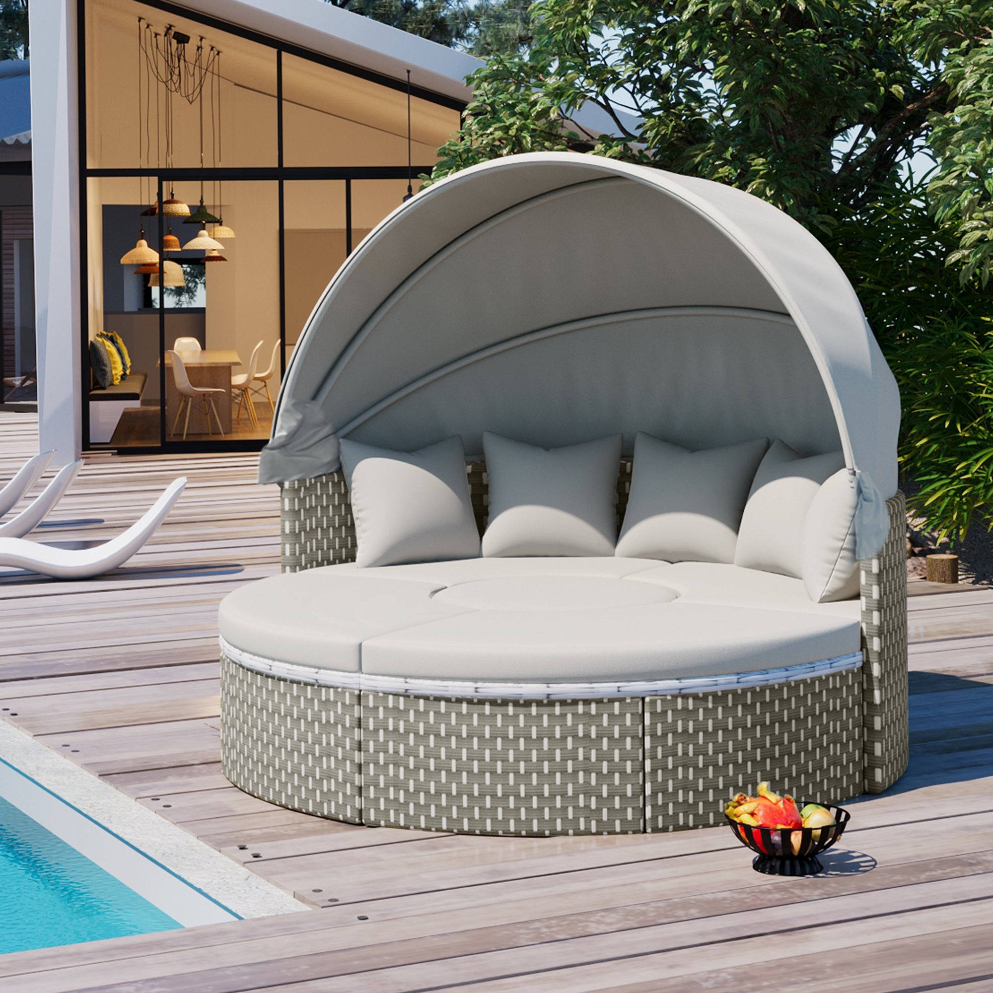 🆓🚛 Patio Furniture Round Outdoor Sectional Sofa Set Rattan Daybed Two-Tone Weave Sunbed With Retractable Canopy, Separate Seating and Removable Cushion, Gray