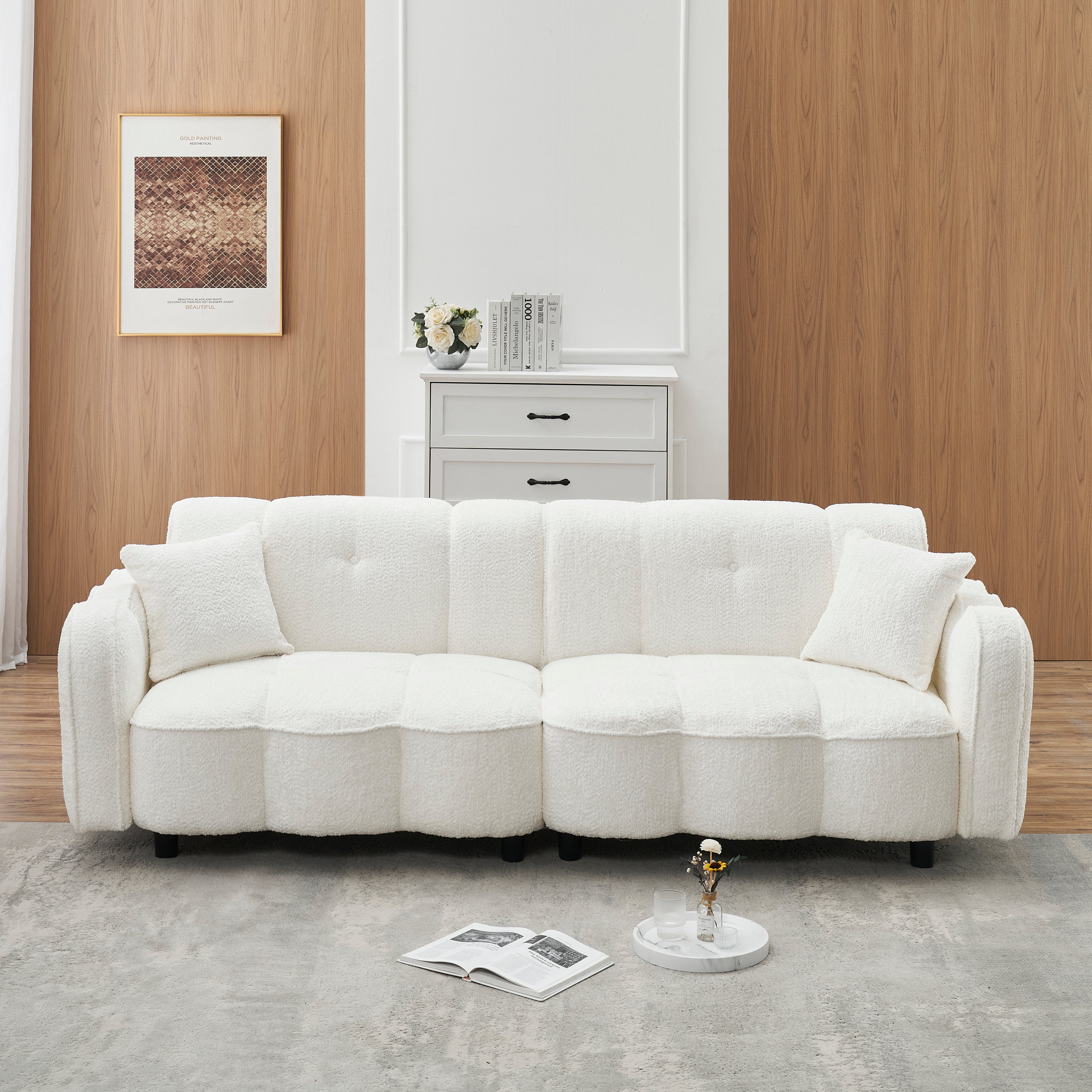 🆓🚛 96.06" Large Teddy Plush Sofa for Living Room and Entertainment Space, White