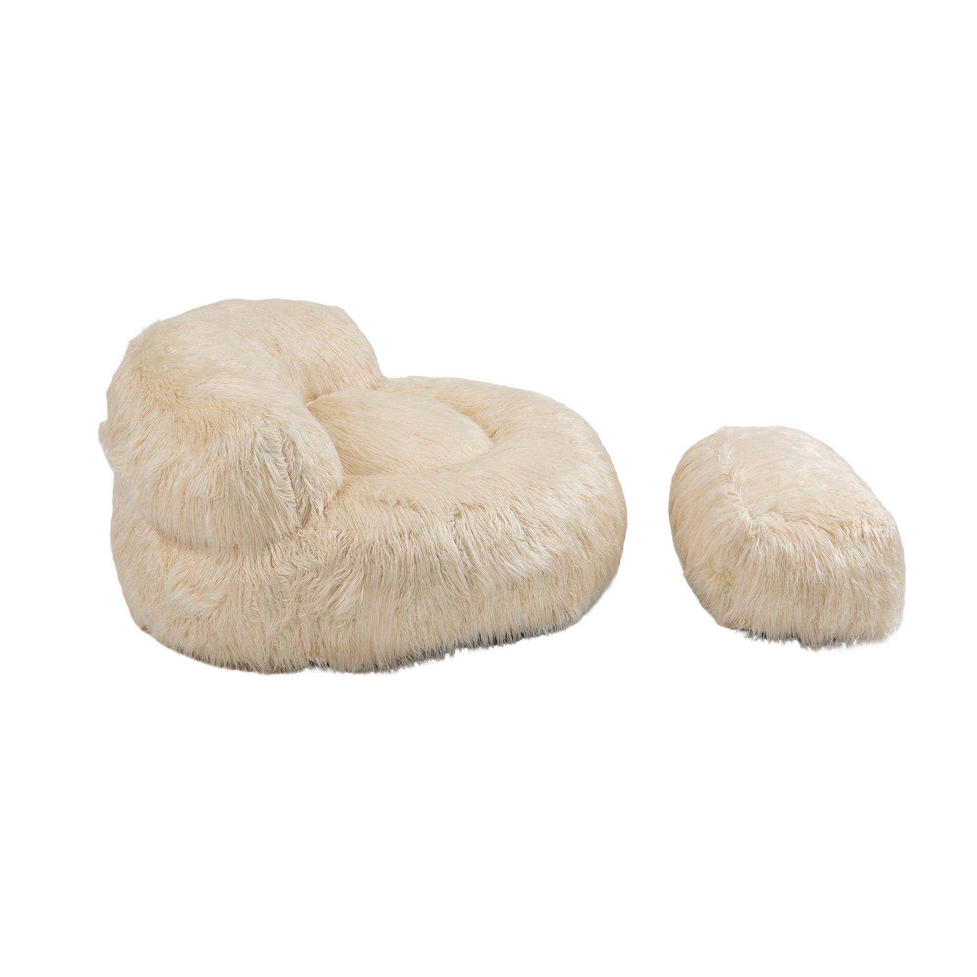 Gramanda 2-In-1 Bean Bag Chair Faux Fur Lazy Sofa & Ottoman Footstool For Adults And Kids - Beige