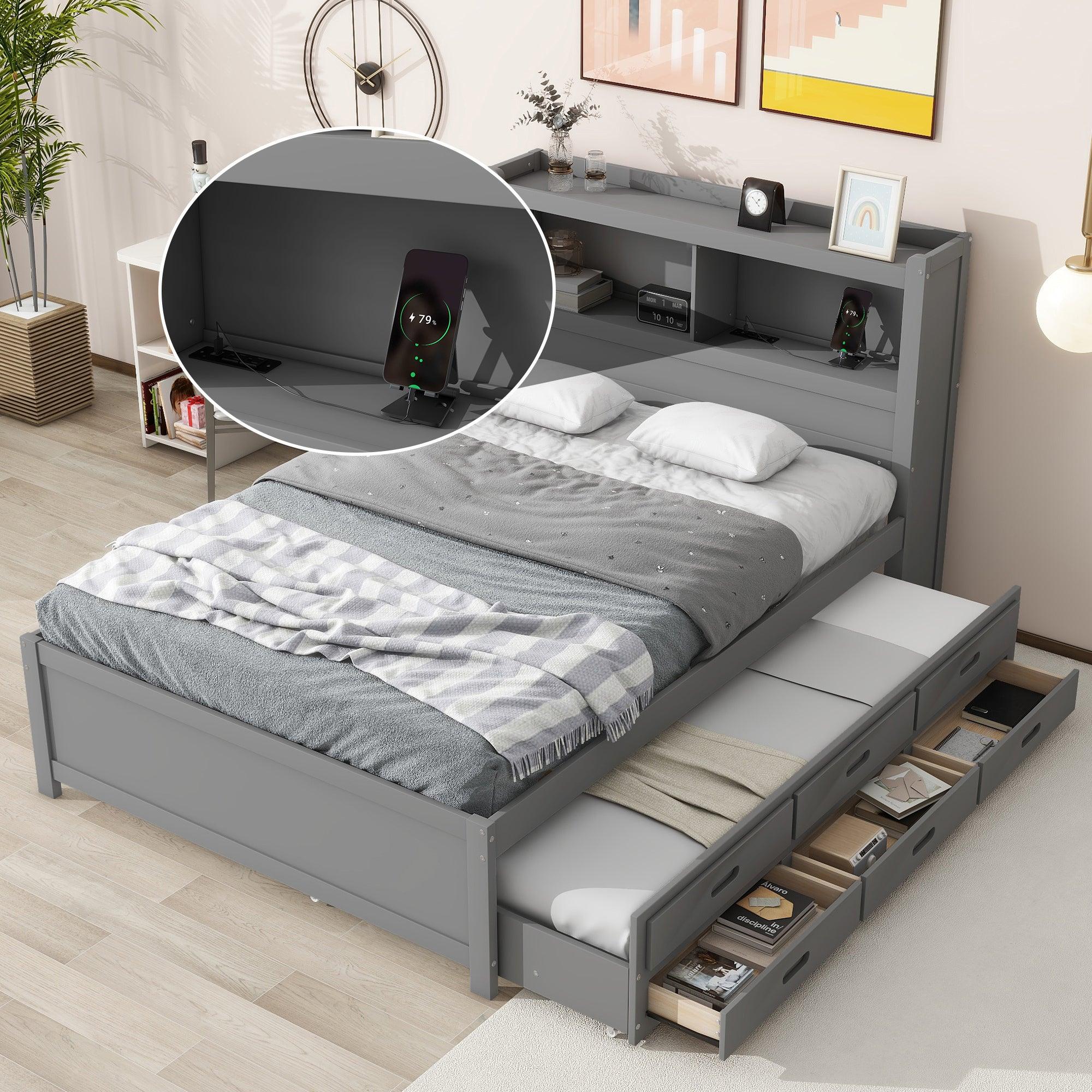 Full Size platform bed with trundle, drawers and USB plugs, Gray