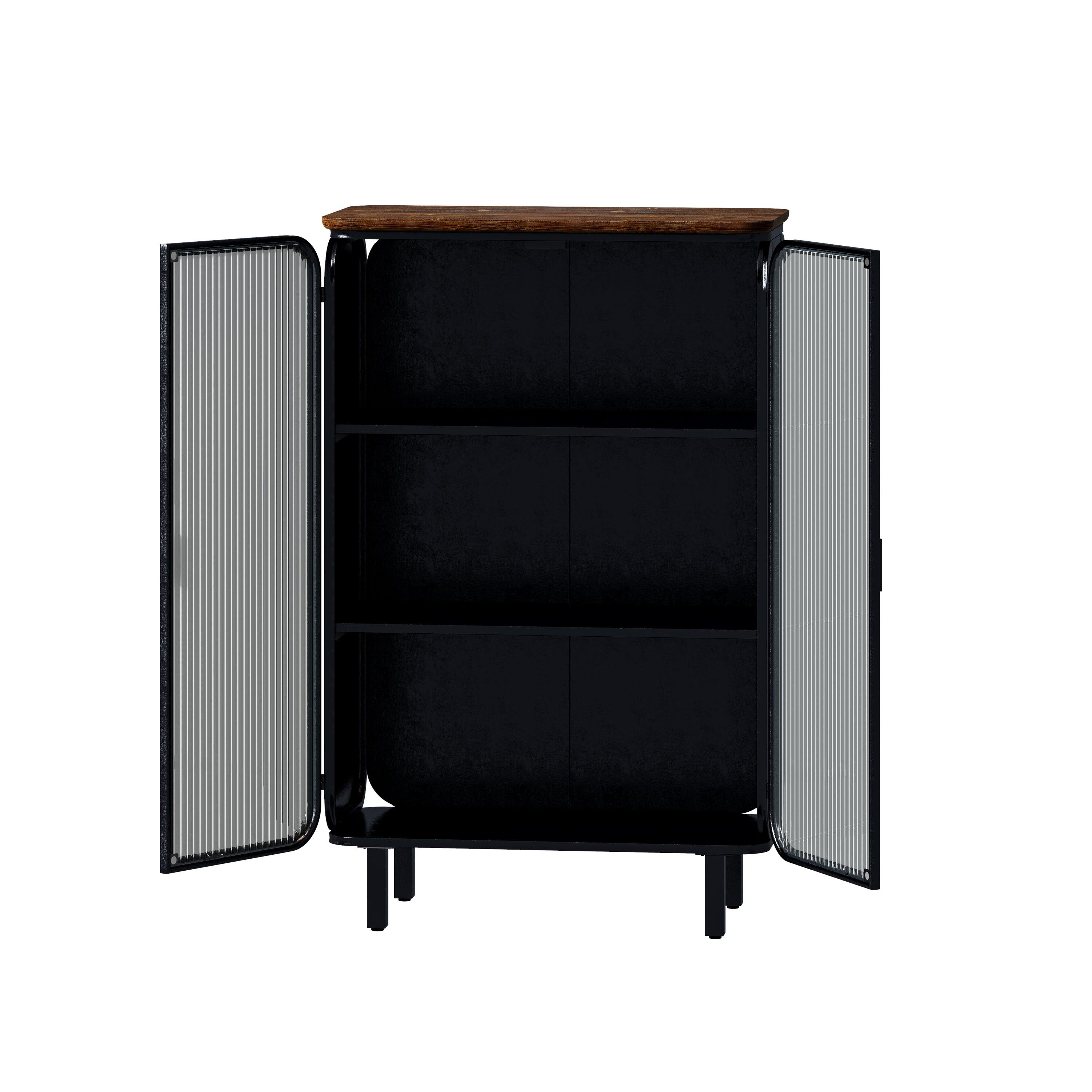 28.35" Glass Doors Modern Two-Door Cabinet With Featuring Three-Tier Storage, Unique Fir Cabinet Top, For Entryway, Living Room, Home Office, Dining Room