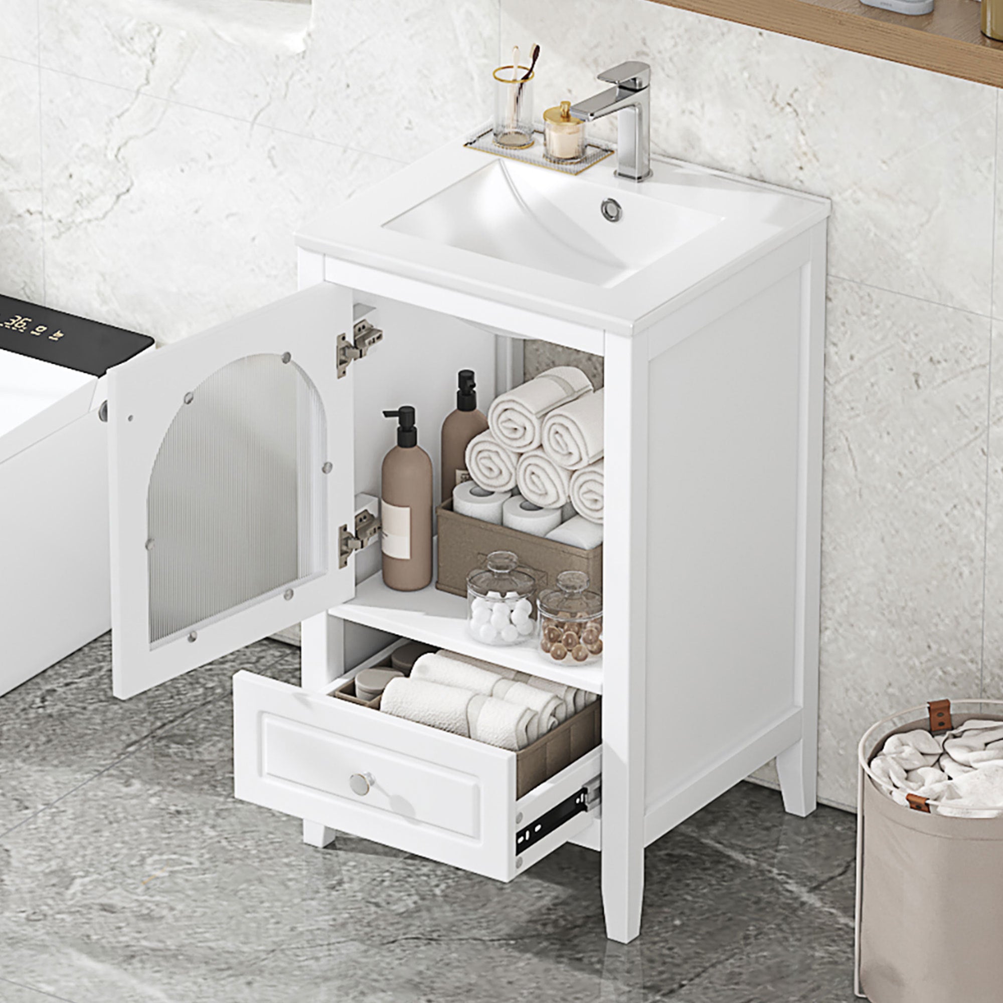 20" Bathroom Vanity With Sink, Bathroom Cabinet With Soft Closing Glass Door, a Drawer, White