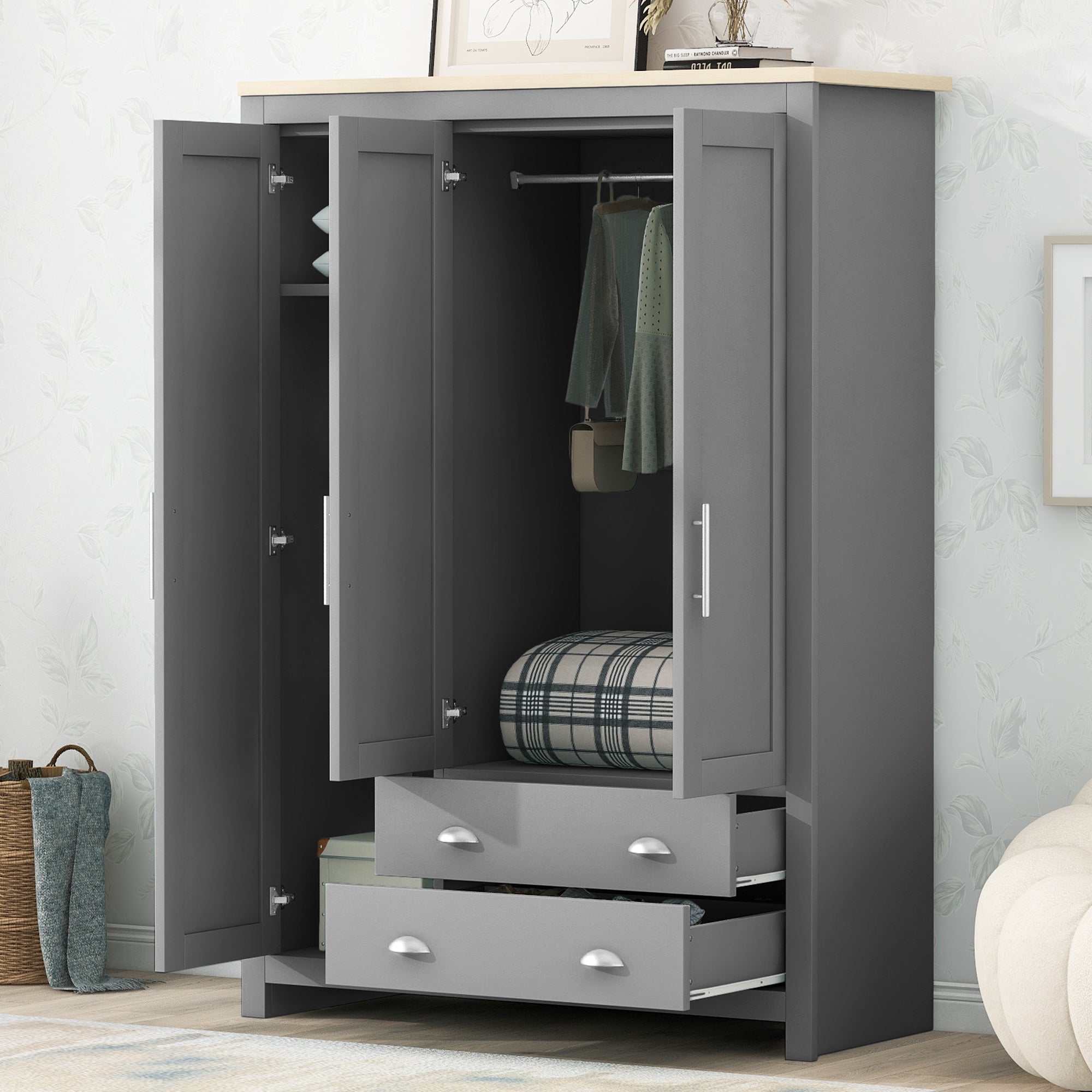 Three Door Storage Wardrobe with Cabinets and Two Hanging Rods, Gray