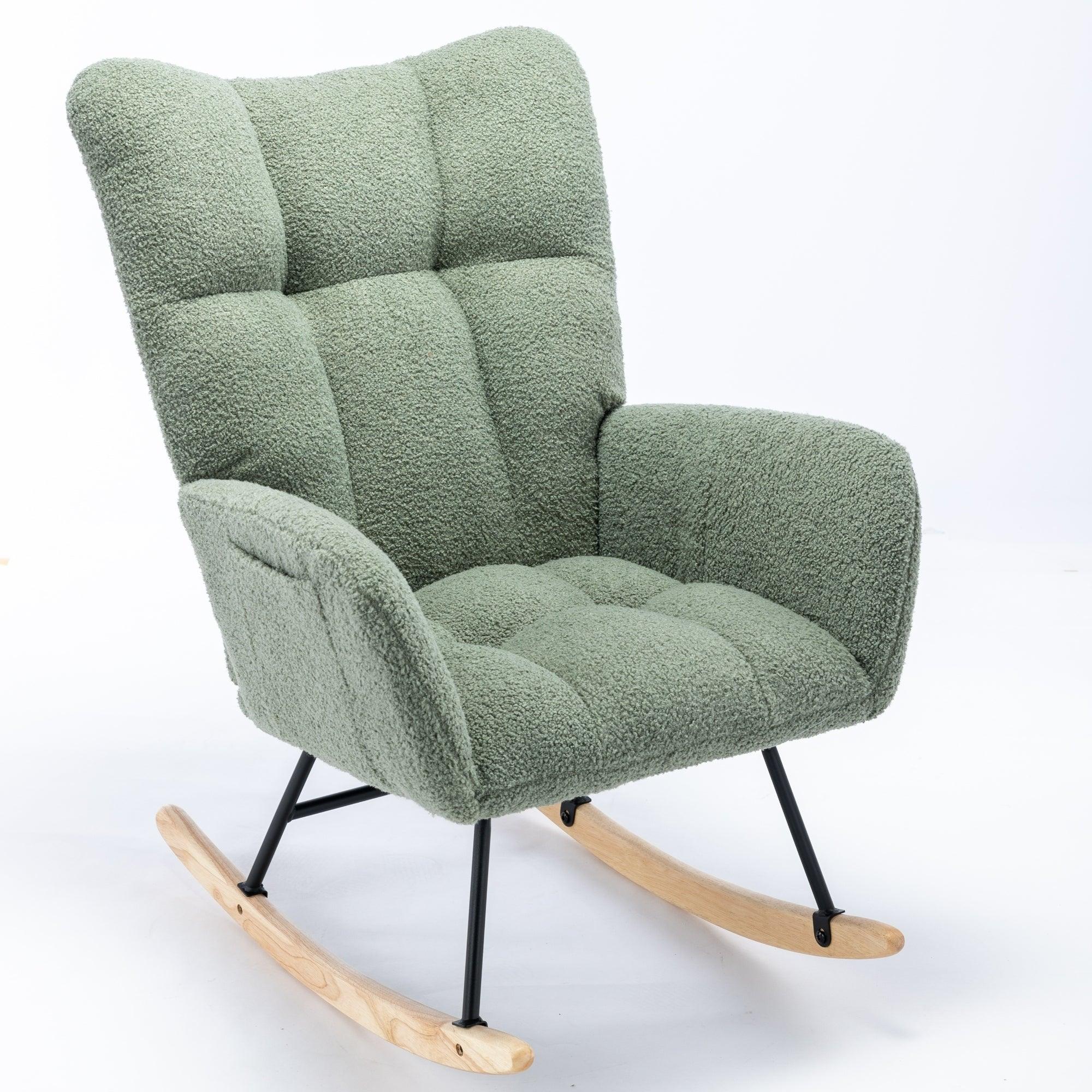 🆓🚛 Rocking Chair, Soft Teddy Velvet Fabric Rocking Chair for Nursery, Comfy Wingback Glider Rocker With Safe Solid Wood Base for Living Room Bedroom Balcony (Green)