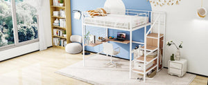 Full Size Metal Loft Bed with Desk and Metal Grid, Stylish Metal Frame Bed with Lateral Storage Ladder and Wardrobe, White