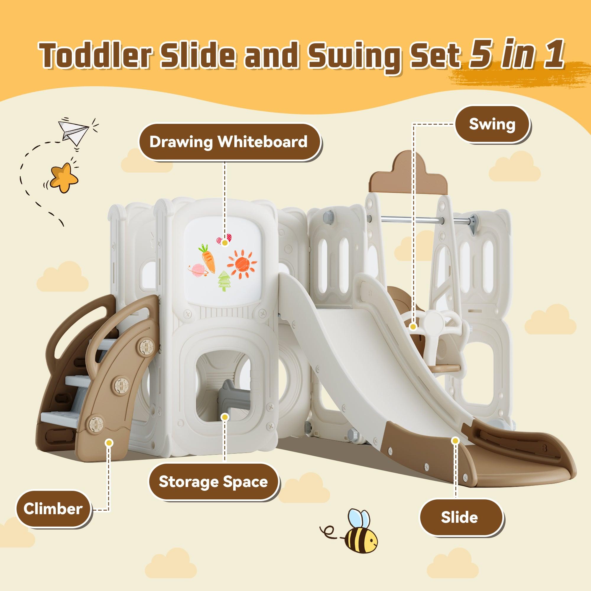 🆓🚛 5 in 1 Toddler Slide & Swing Set, Kids Playground Climber Slide Playset With Drawing Whiteboard for Babies, Coffee