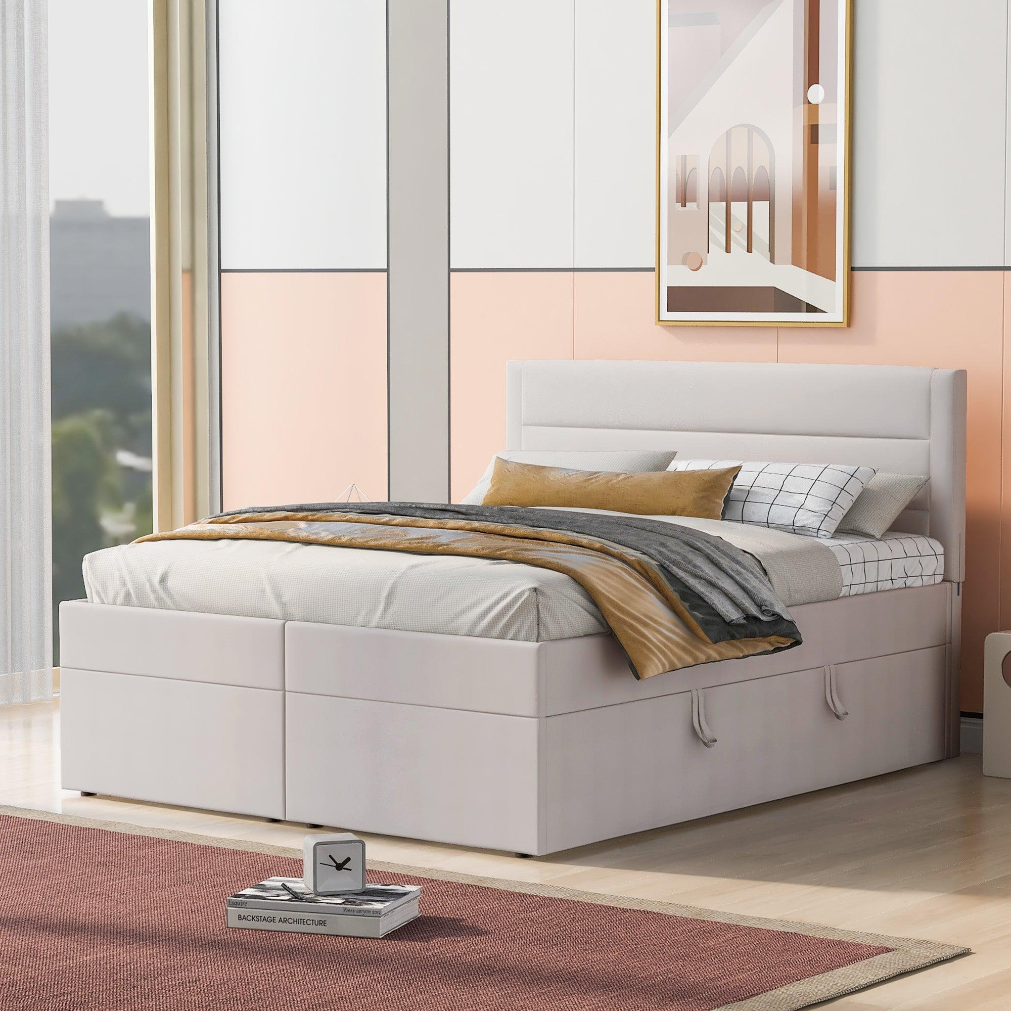 🆓🚛 Queen Size Upholstered Platform Bed With Storage Underneath, Beige