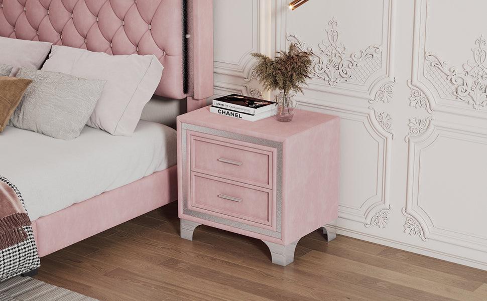 ELCRU 2-Drawer Velvet Nightstand with Metal Legs for Bedroom - Pink