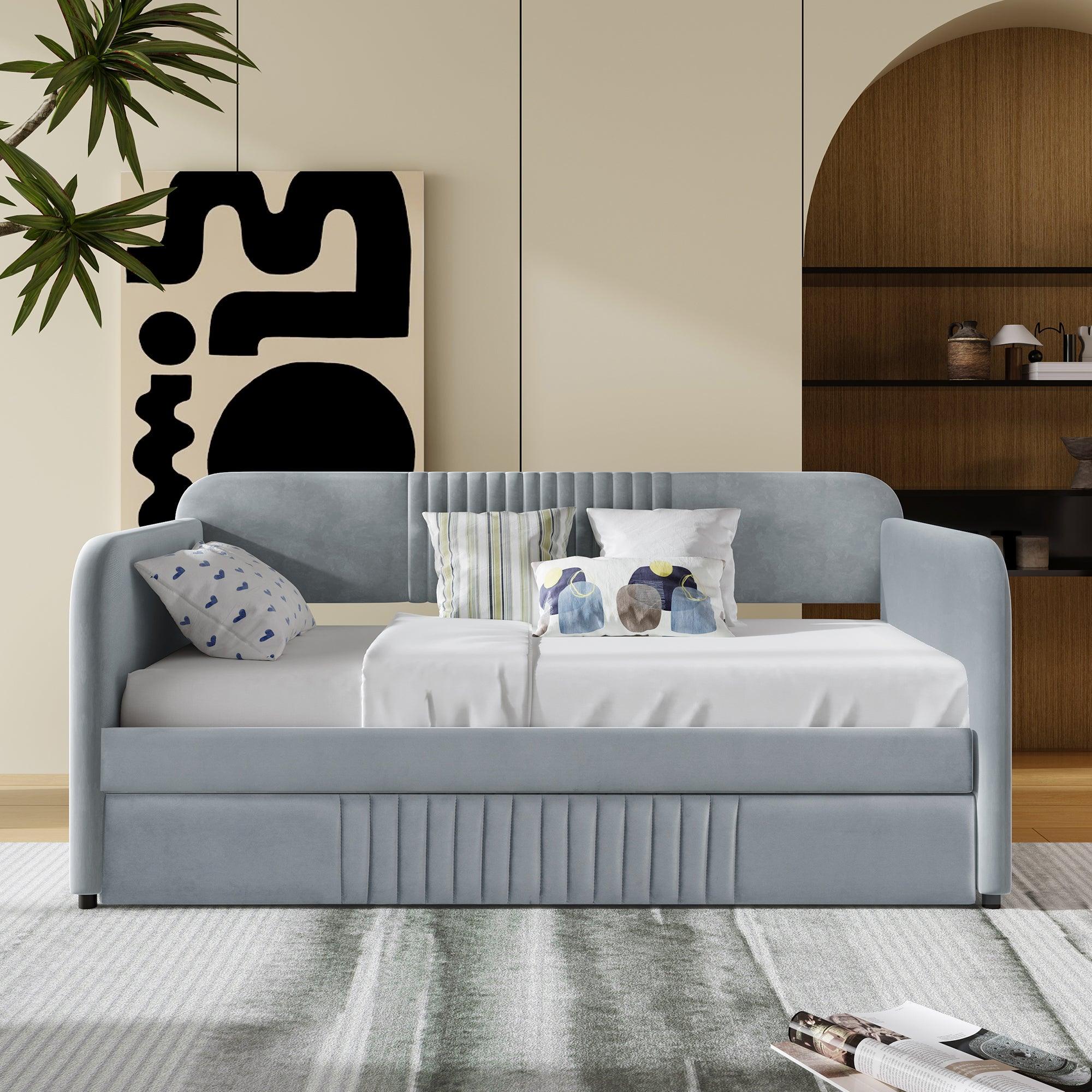 🆓🚛 Upholstered Daybed Sofa Bed Twin Size With Trundle Bed & Wood Slat, Gray