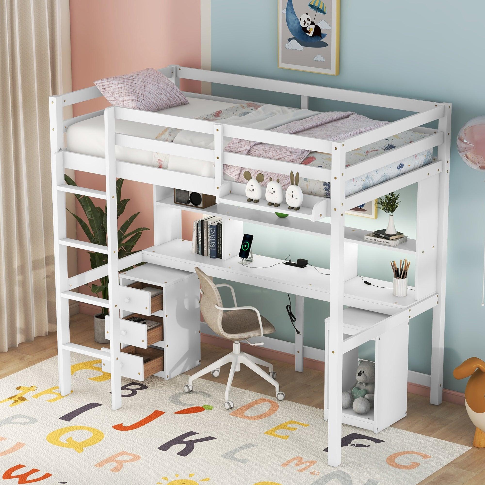 🆓🚛 Twin Size Loft Bed With Multi-Storage Desk, Led Light & Bedside Tray, Charging Station, White