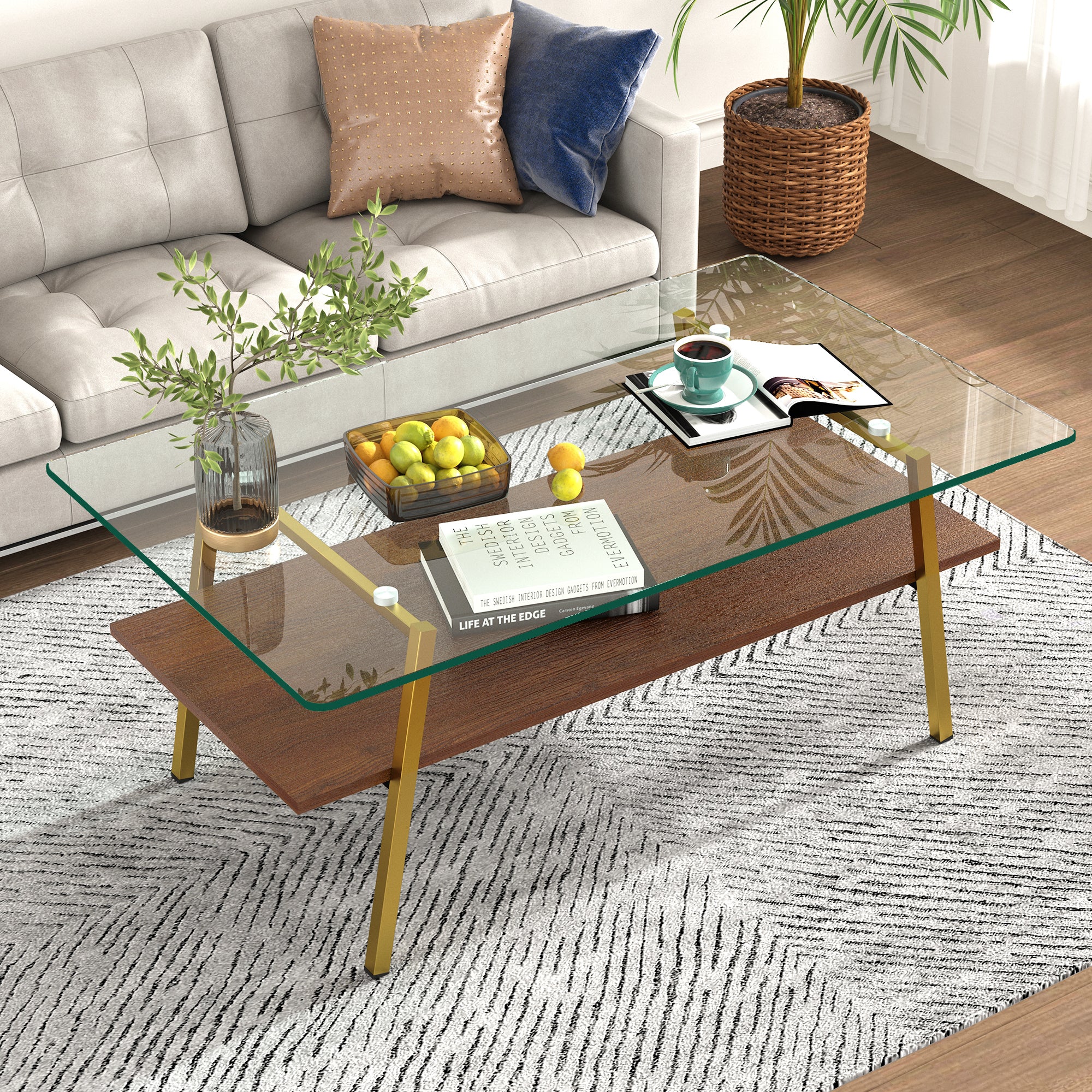 🆓🚛 Rectangle Coffee Table, Tempered Glass Tabletop With Gold Metal Legs, Modern Table for Living Room, Transparent Glass, Yellow Legs