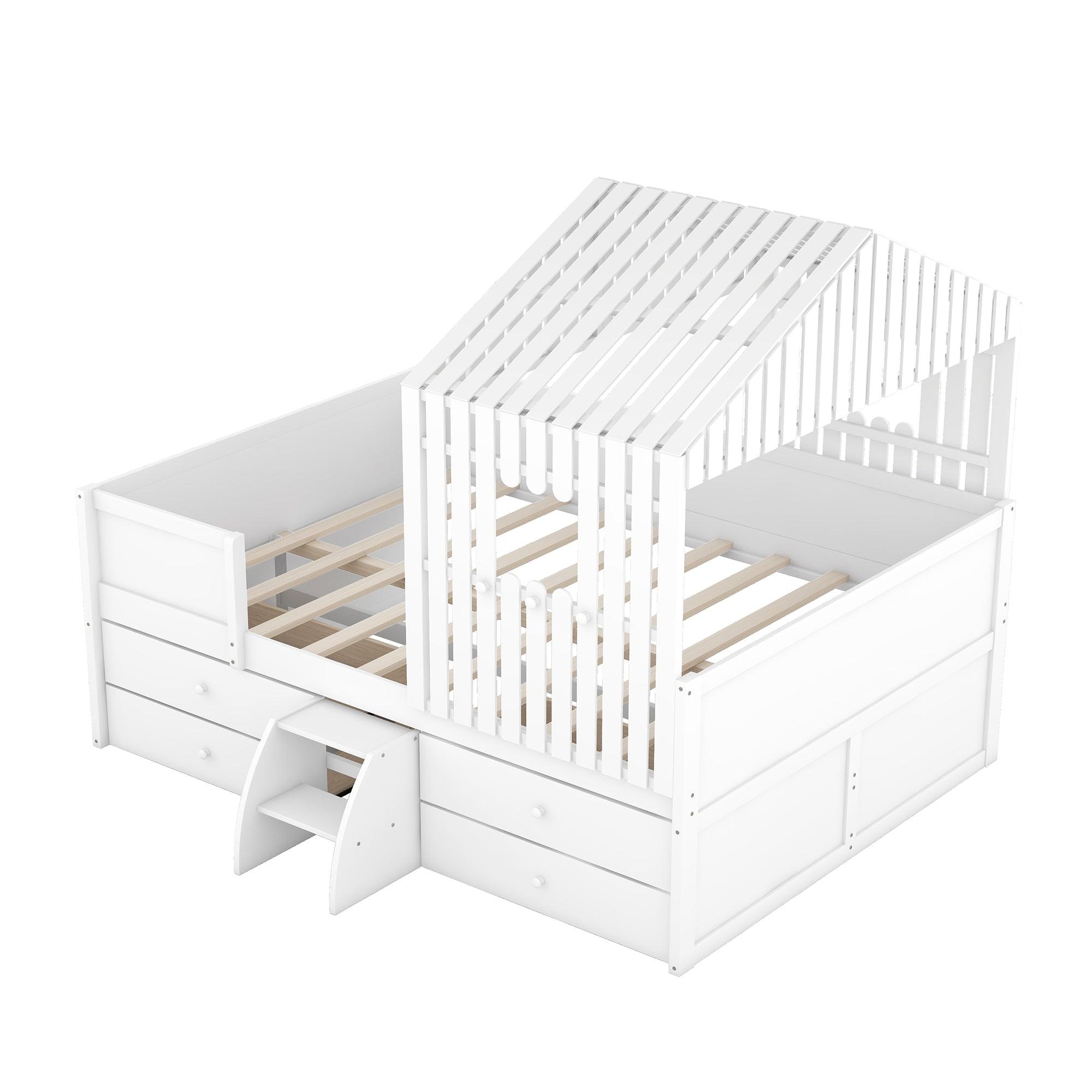 Full Size House Low Loft Bed with Four Drawers, White