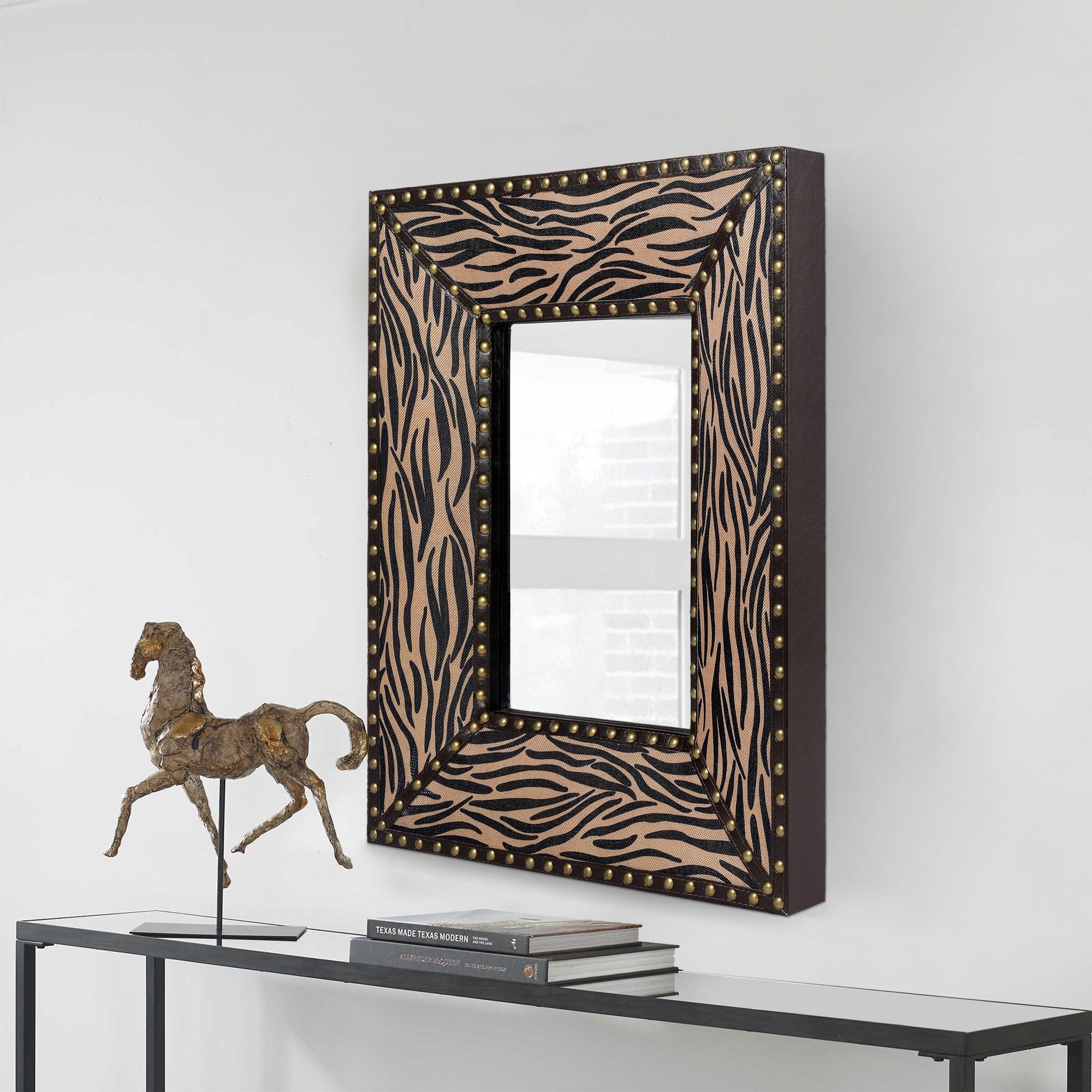 🆓🚛 Brown Zebra Rectangle Decorative Wall Hanging Mirror, Rivet Decoration, Fabric & Pu Covered Mdf Framed Mirror for Bedroom Living Room Vanity Entryway Wall Decor, 21X26"