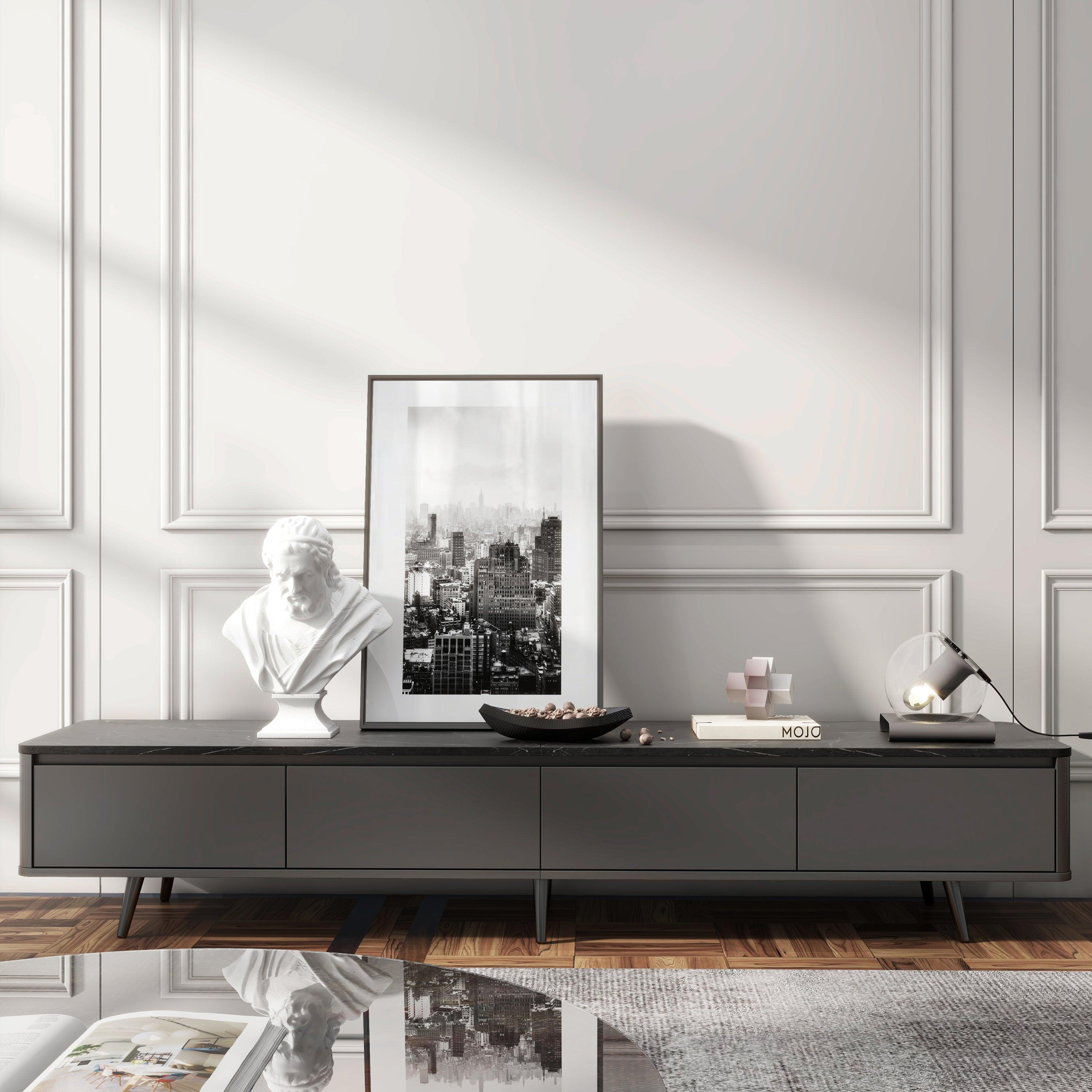 Contemporary TV Stand with 4 Drawers Media Console for TVs Up to 70", Handle-Free Design Modern Elegant TV Cabinet, Black Marble Texture