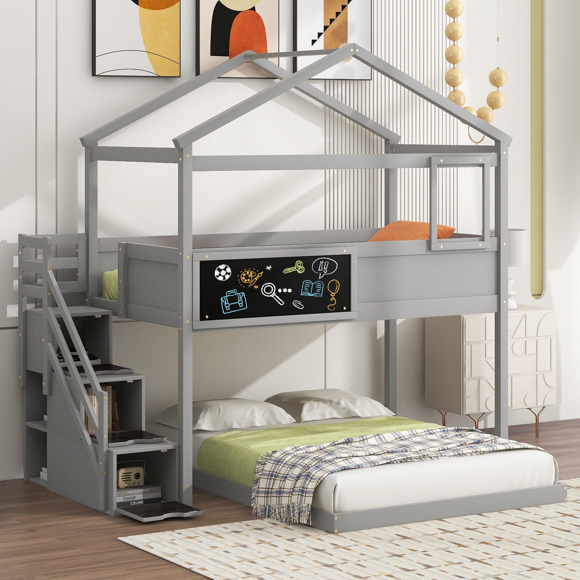 🆓🚛 Twin Over Full House Bunk Bed With Storage Staircase & Blackboard, Gray