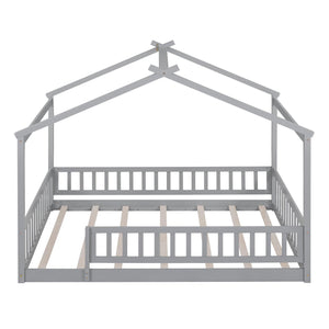 Full Size Wood Bed House Bed Frame with Fence, for Kids, Teens, Girls, Boys, Gray