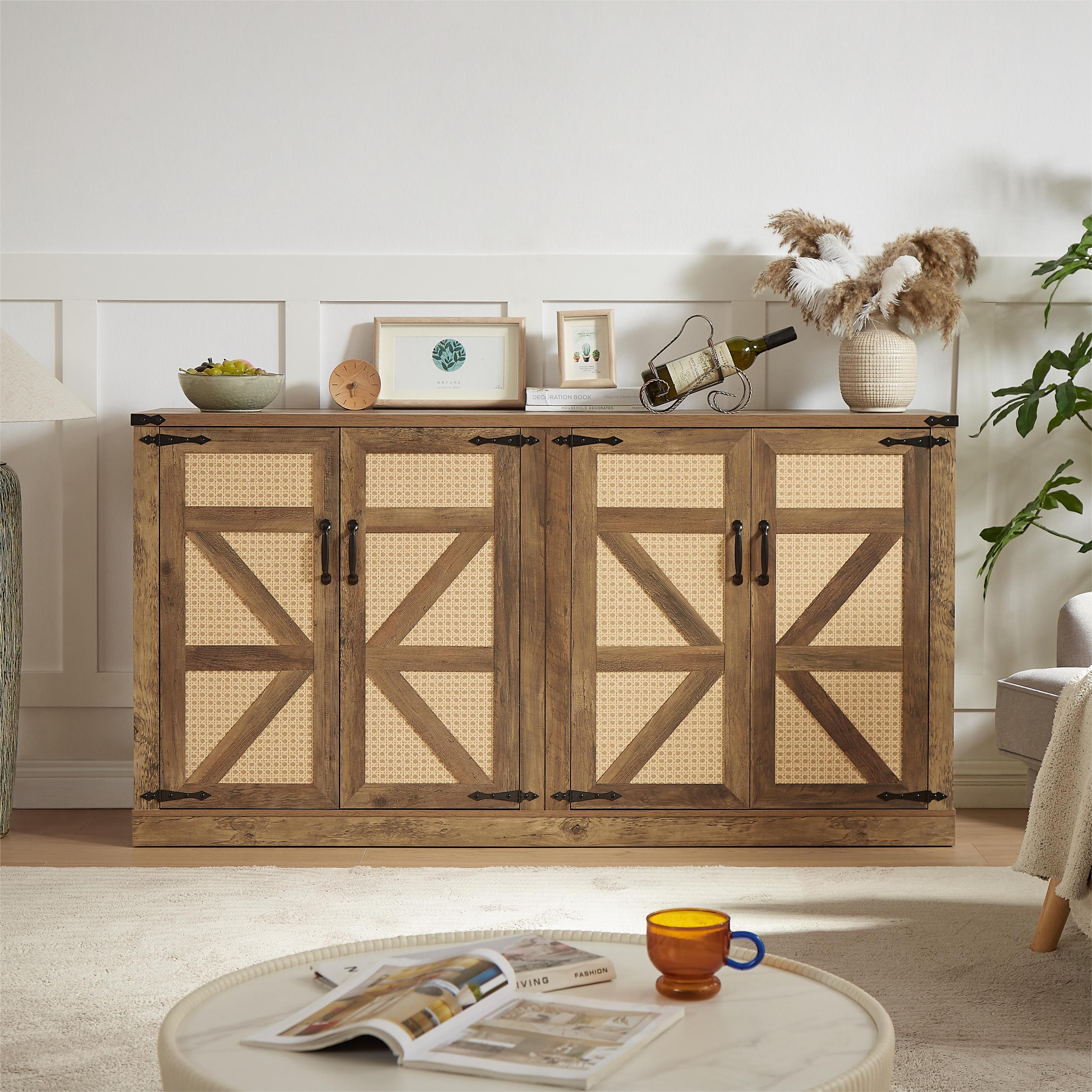 65" Rustic Oak Color Faux Rattan Sideboard, Barn Door Rustic Style Sideboard, Living Room, Entryway, Bedroom, Dining Room Four Door Storage Cabinet