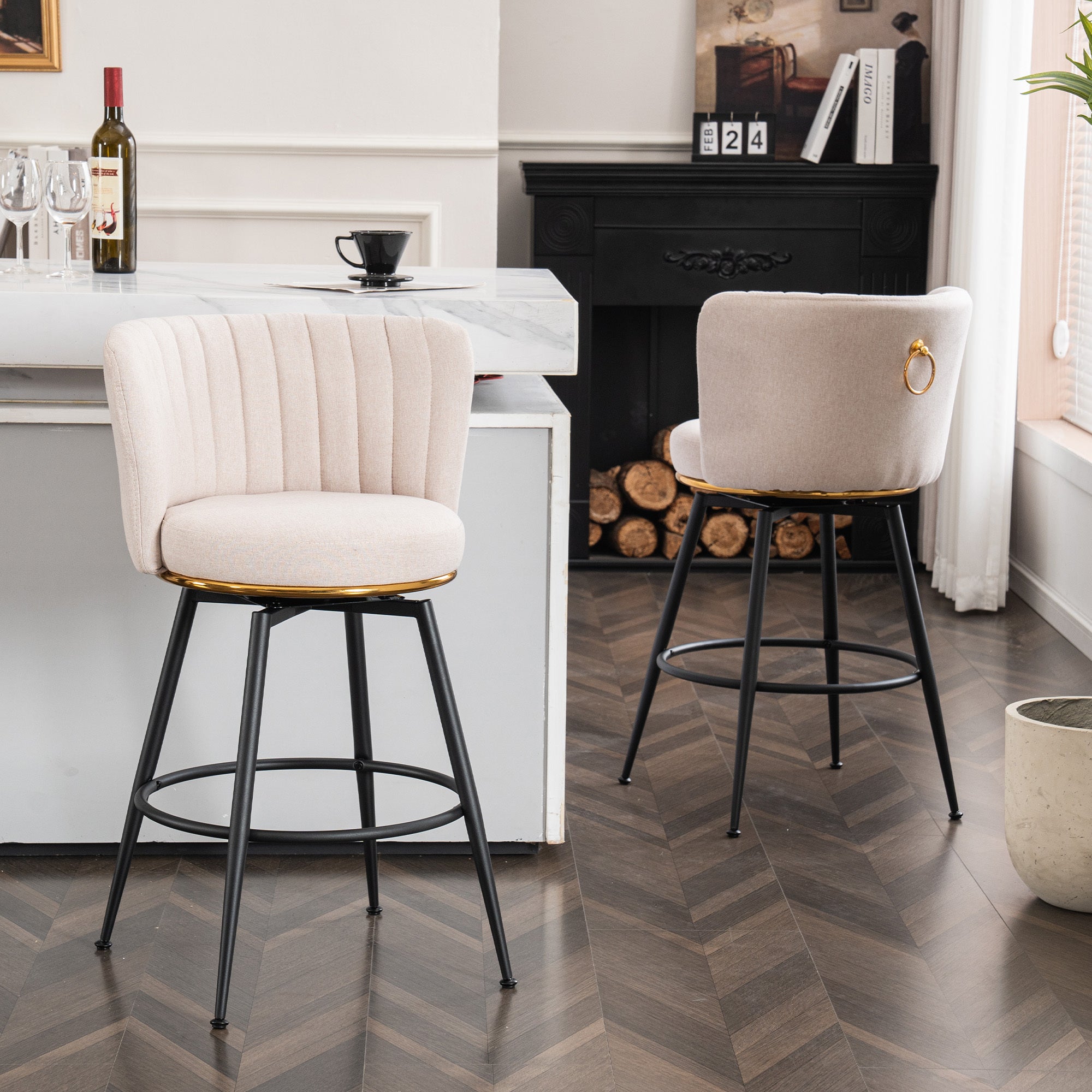 🆓🚛 Set of 2 Swivel Bar Stools, High-Back, Adjustable, Upholstered With Elegant Metal Back Accents, Beige