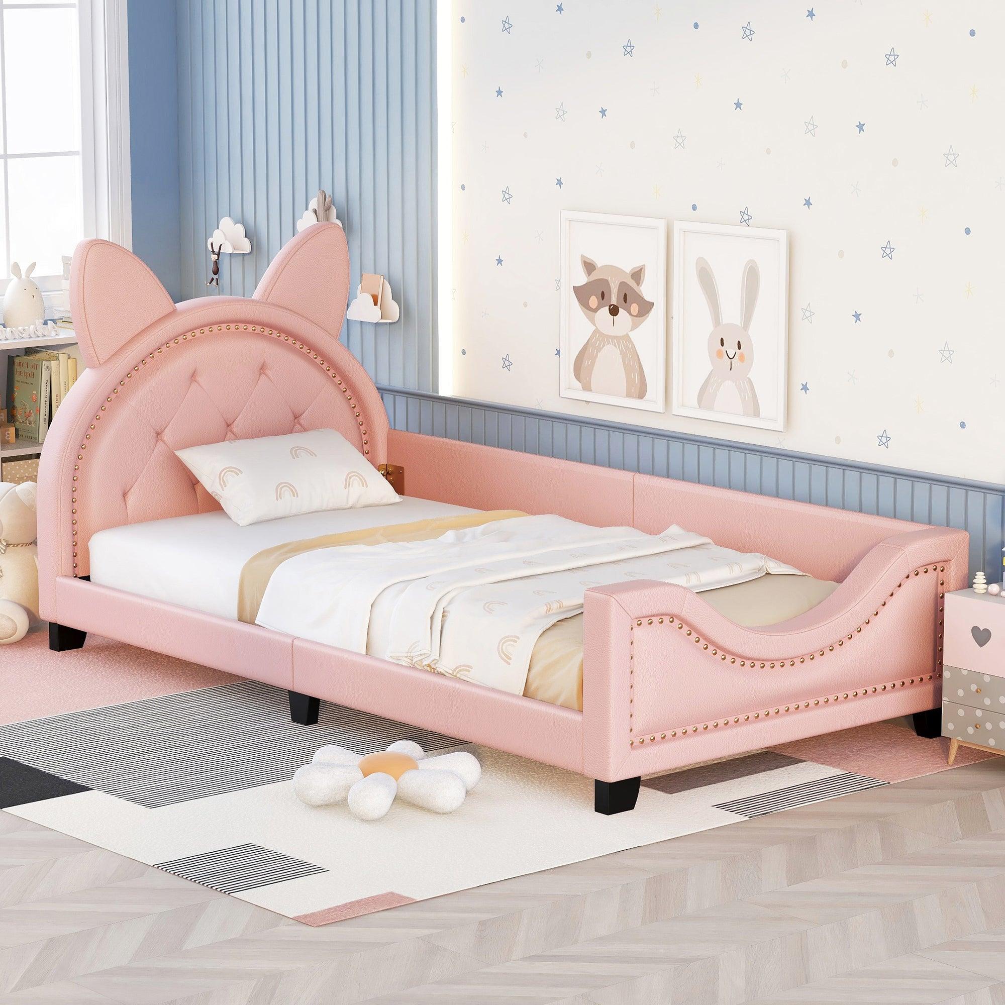 🆓🚛 Twin Size Upholstered Daybed With Carton Ears Shaped Headboard, Pink