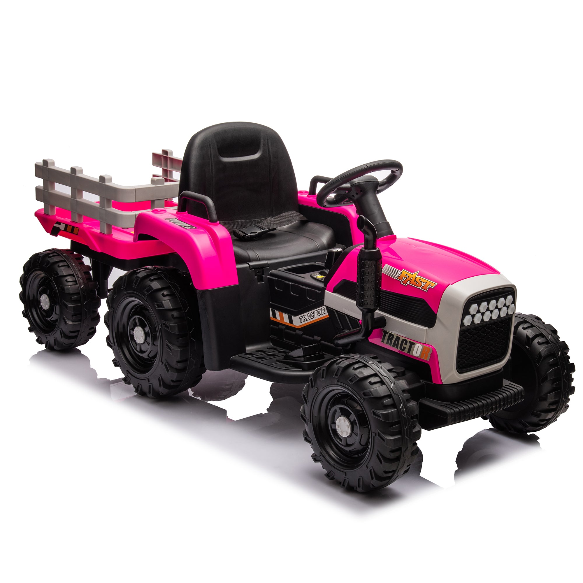 🆓🚛 Ride On Tractor With Trailer, 24V Battery Powered Electric Tractor Toy, 200W*2Motor 1.86-4.97Mph/Remote Control, Electric Car for Kids, Three Speed Adjustable, USB, Mp3, Bluetooth, Led Light, Safety Belt, Rose red