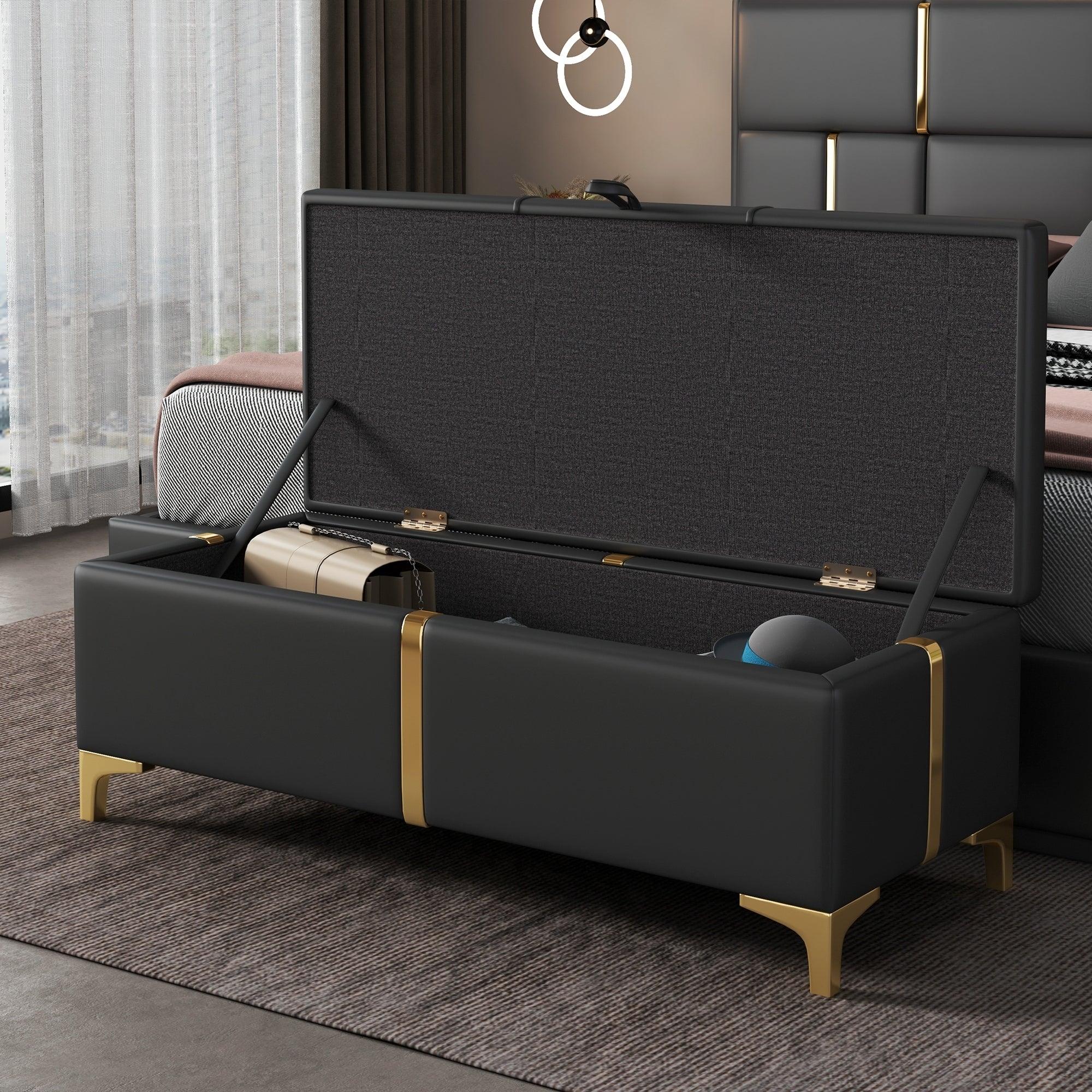 Elegant Upholstered Storage Ottoman, Storage Bench With Metal Legs For Bedroom, Living Room, Fully Assembled Except Legs, Black