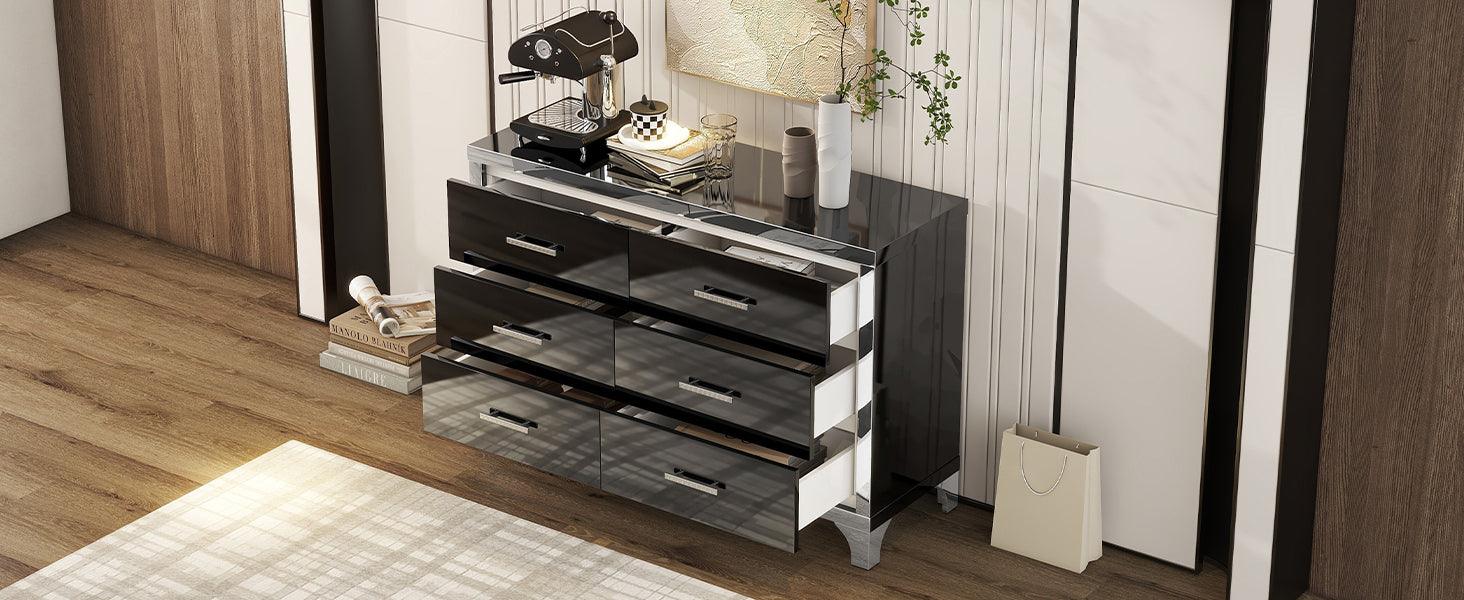 Elegant High Gloss Dresser with Metal Handle, Mirrored Storage Cabinet with 6 Drawers for Bedroom, Living Room, Black