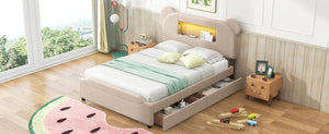 Full Size Upholstered Storage Platform Bed with Cartoon Ears Shaped Headboard, LED and USB, Beige