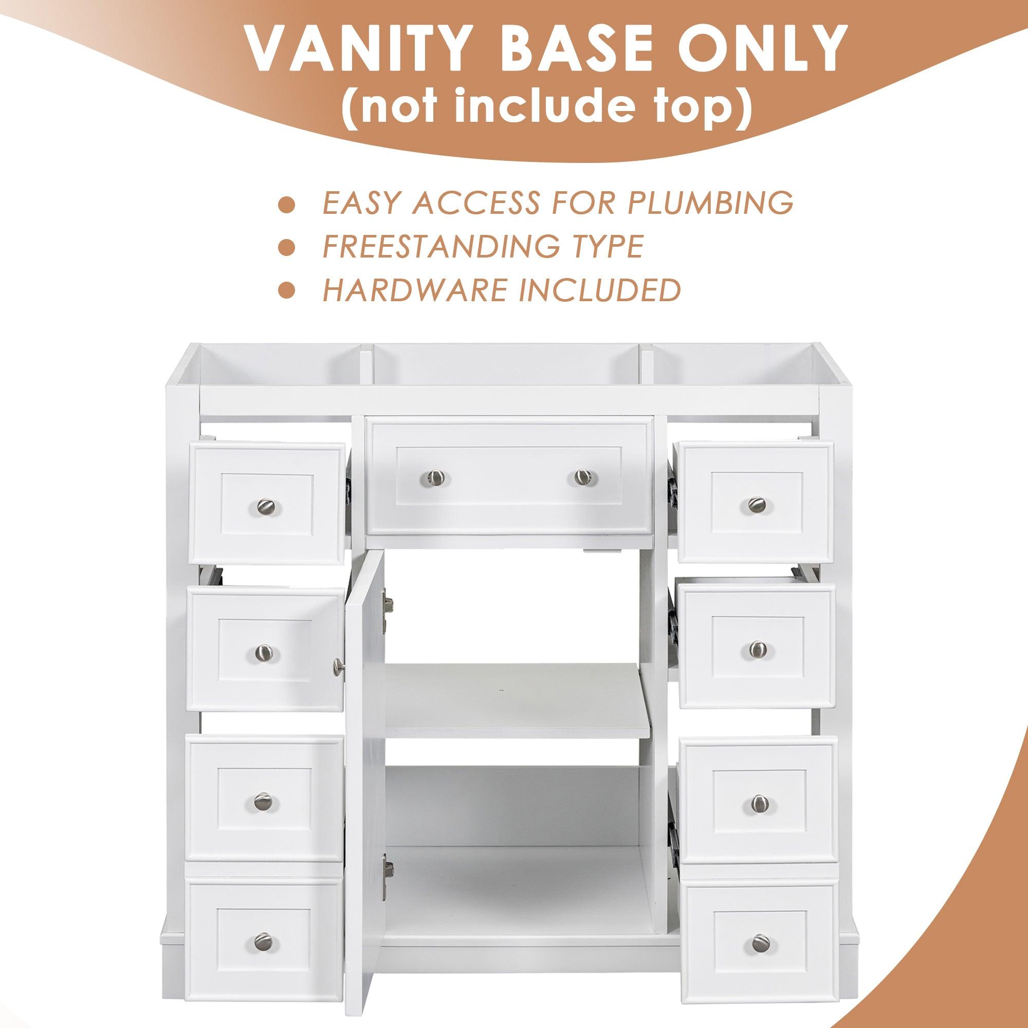 🆓🚛 36" Bathroom Vanity Without Sink, Cabinet Base Only, One Cabinet & Six Drawers, White