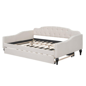 Full Size Upholstered Tufted Daybed with Twin Size Trundle, Beige