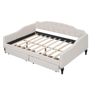 Full Size Upholstered Tufted Daybed with Two Drawers, Beige